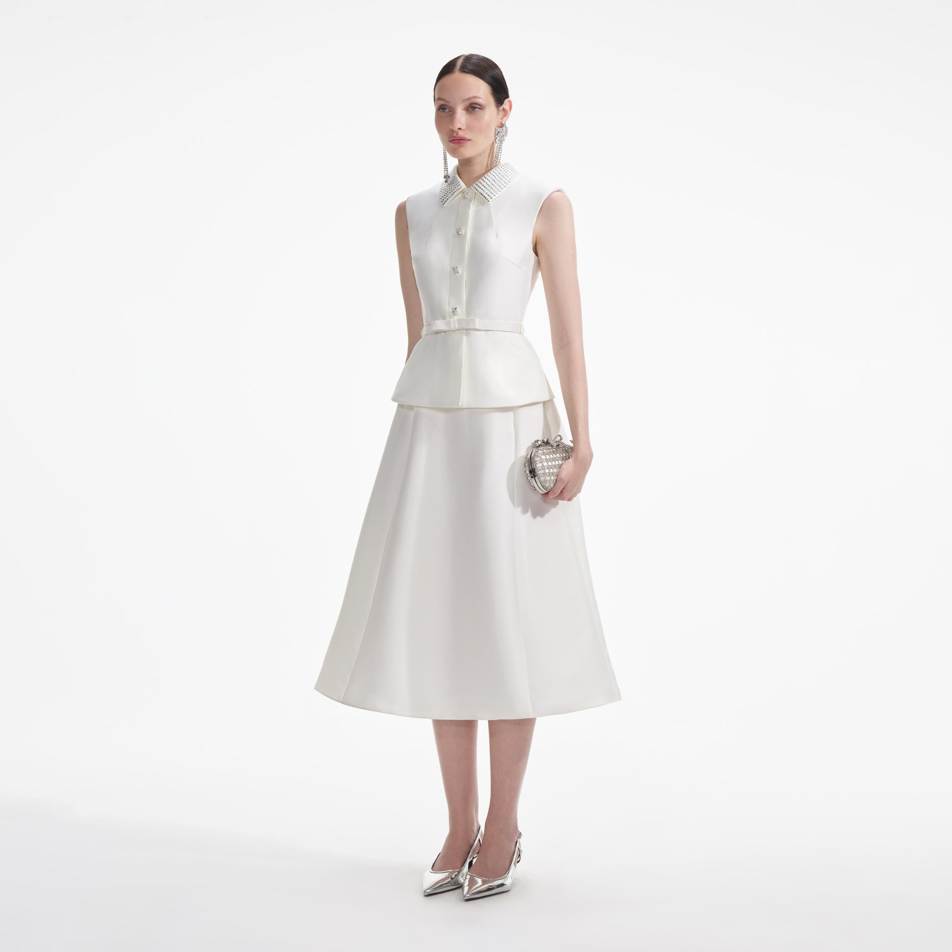 Side view of a woman wearing the Cream Taffeta Diamante Midi Dress