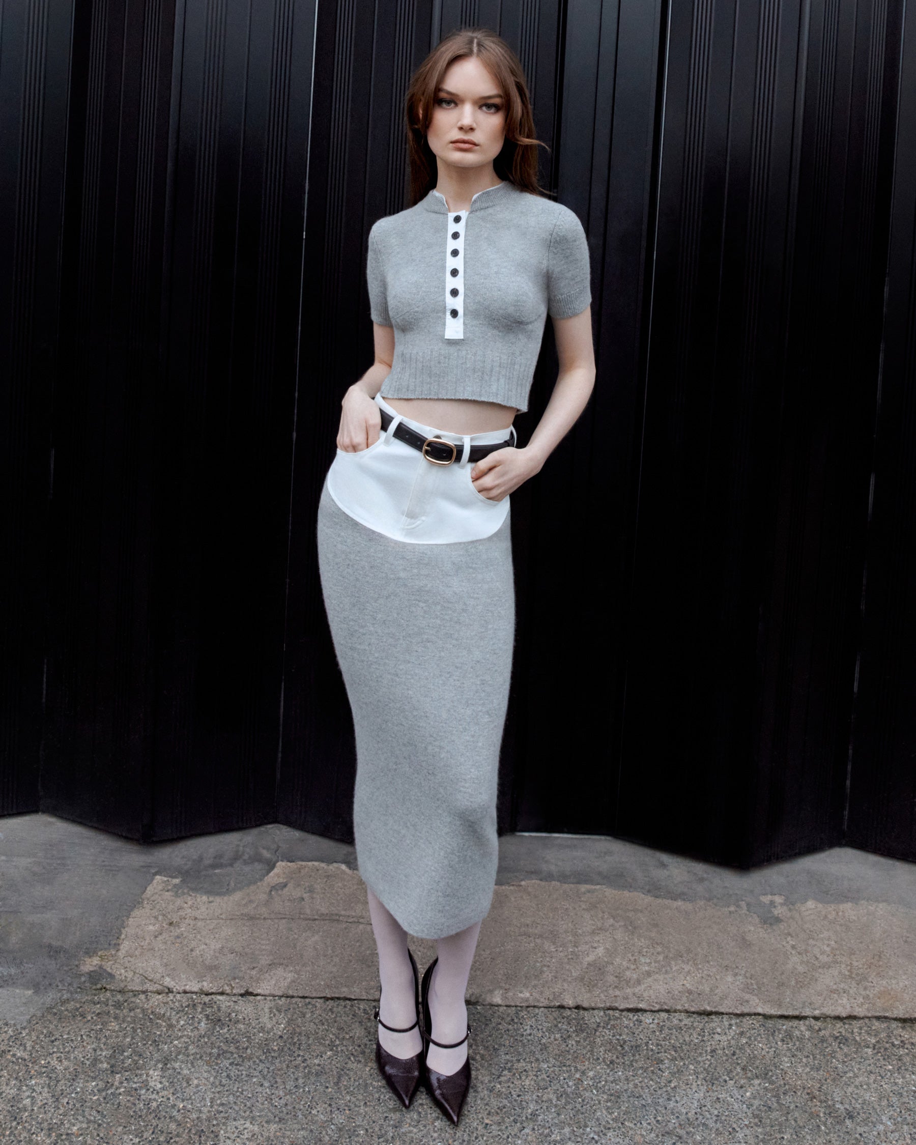 Grey Knit Denim Insert Midi Skirt