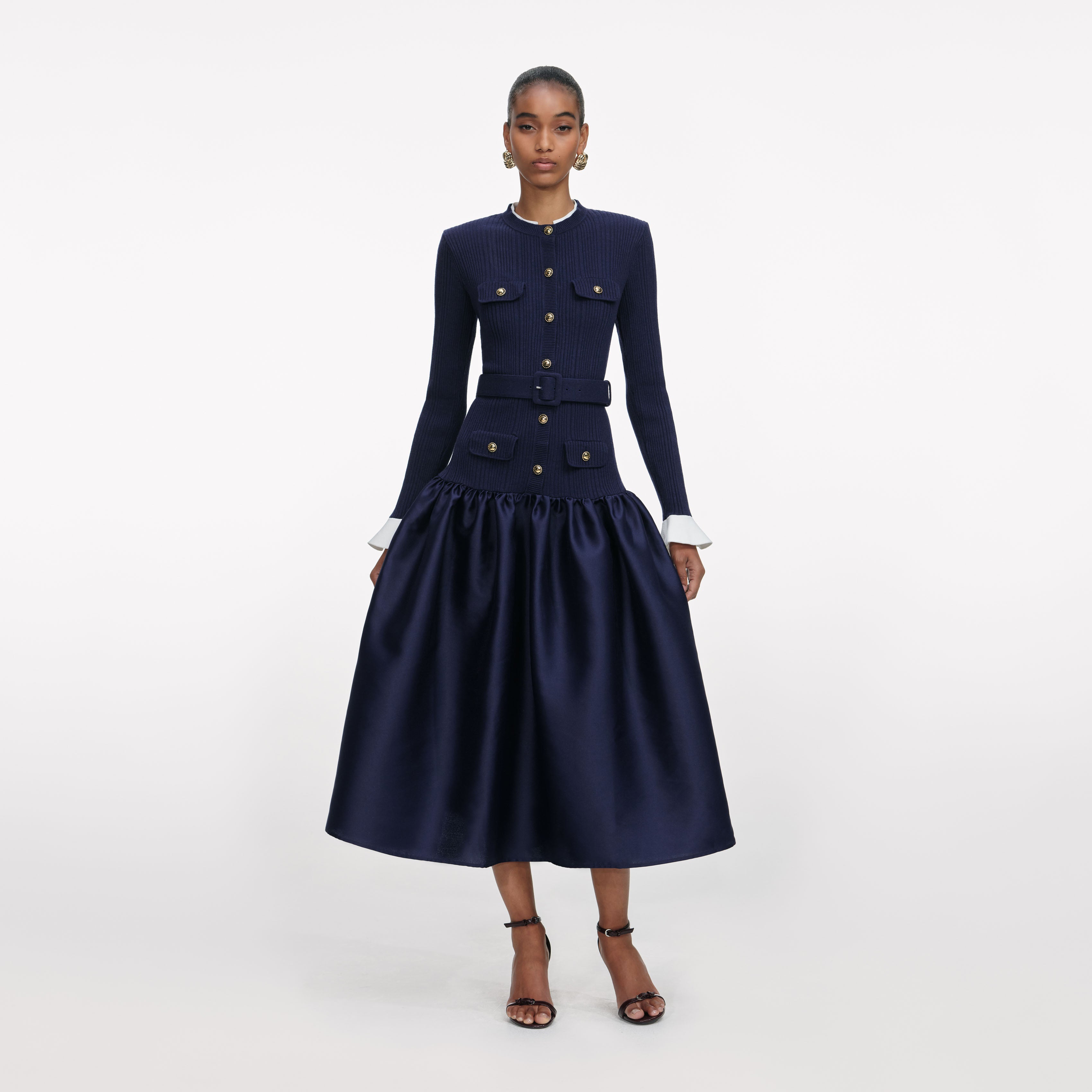Navy Knit Taffeta Midi Dress – self-portrait