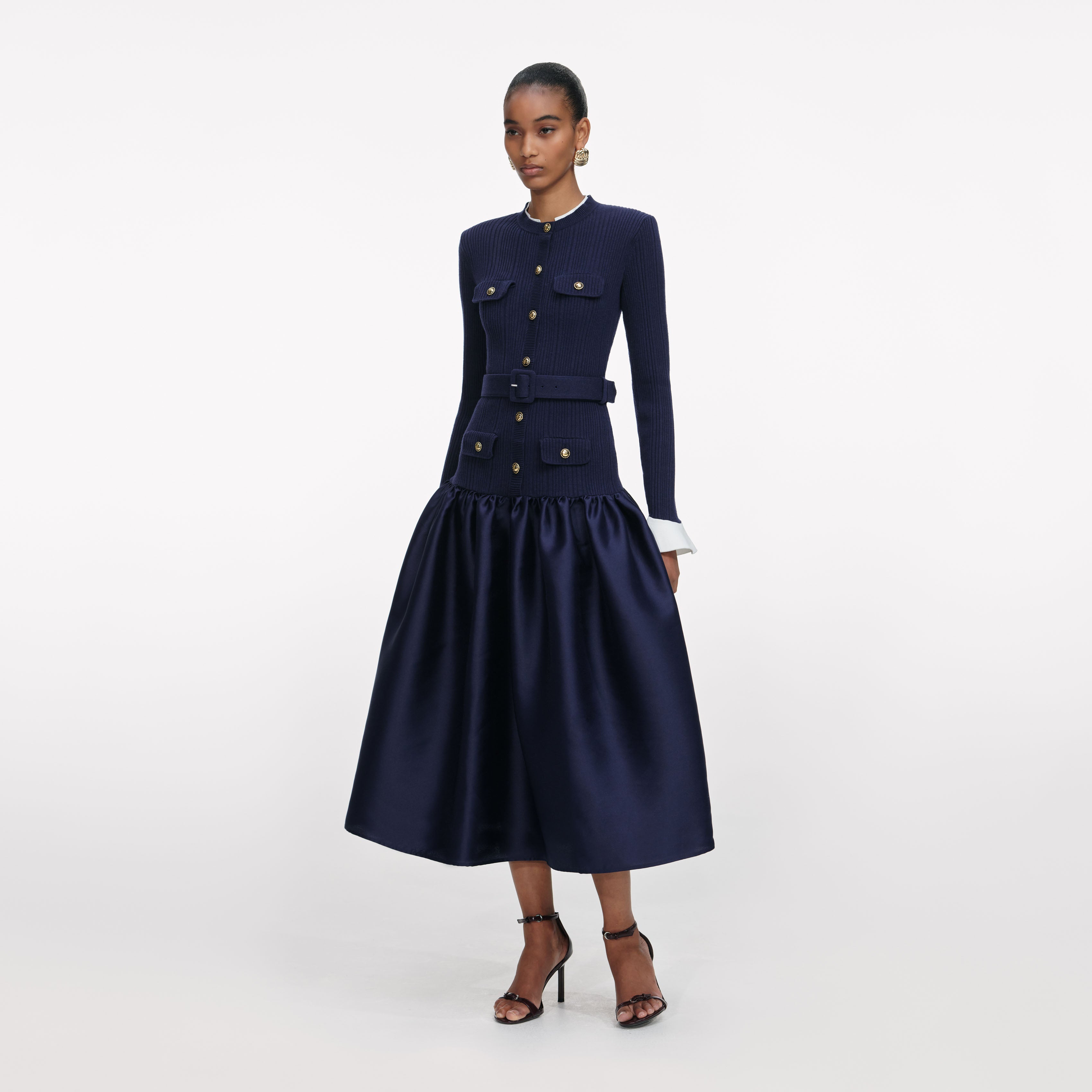Navy Knit Taffeta Midi Dress