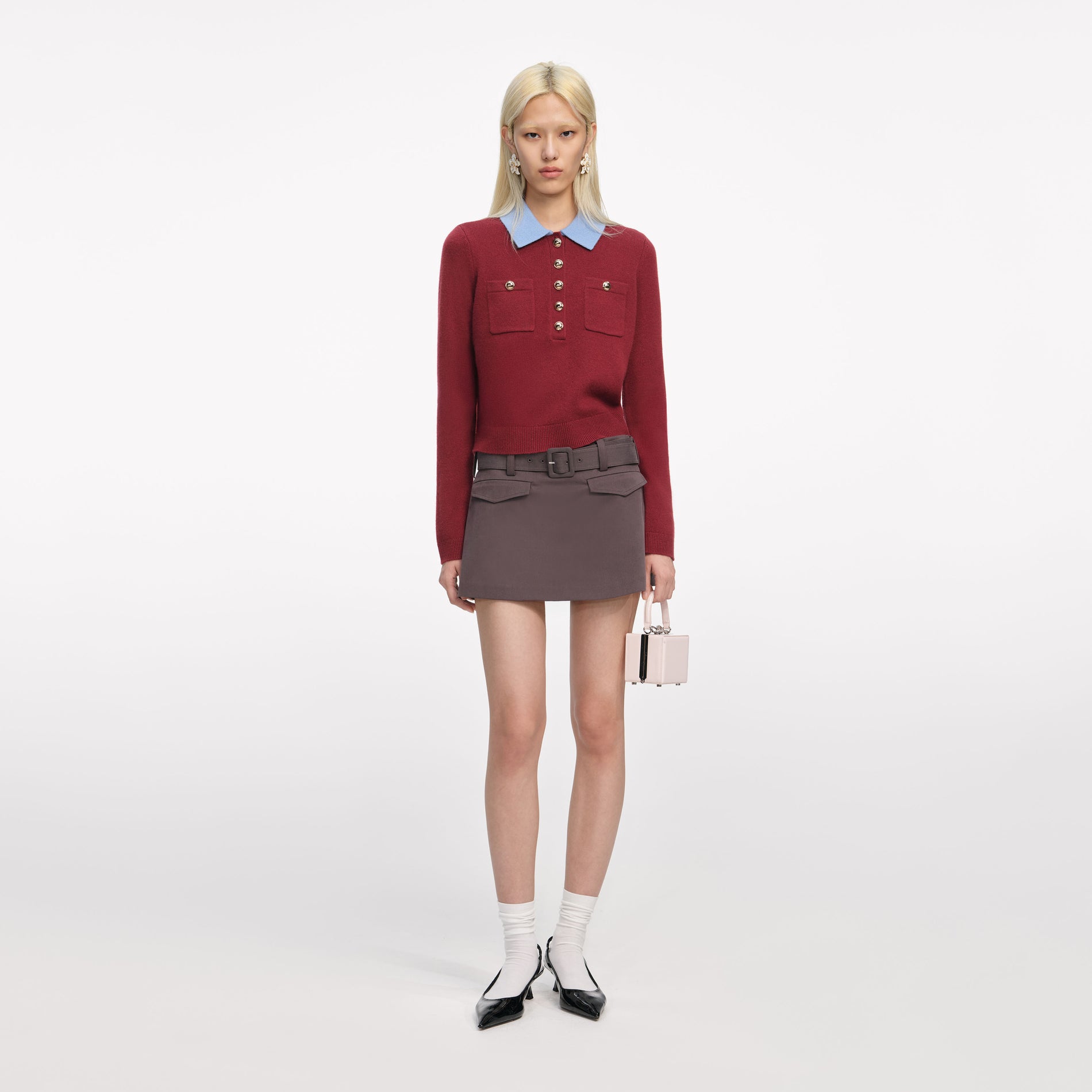 Burgundy Contrast Collar Knit Top