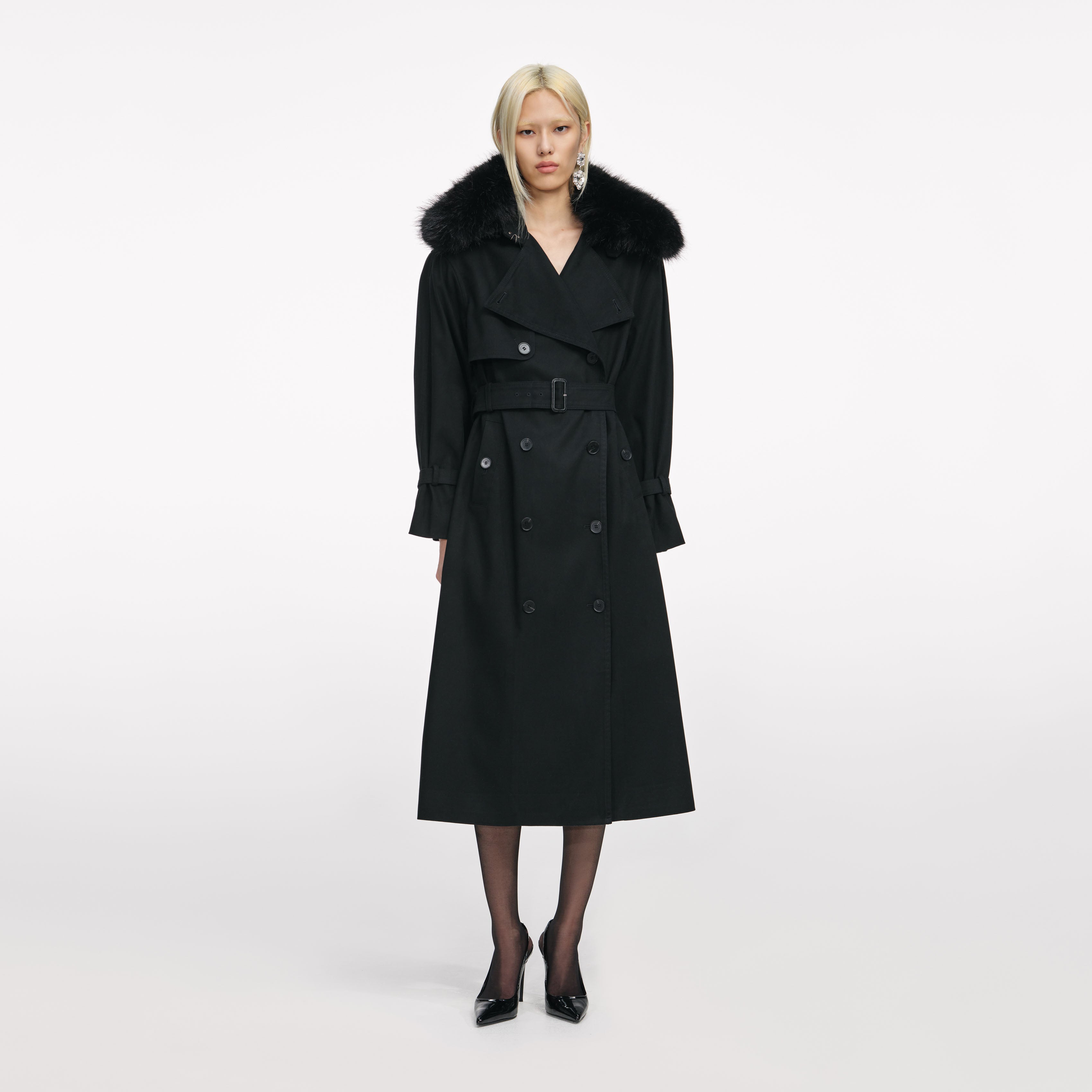 Black Twill Fur Collar Trench Coat