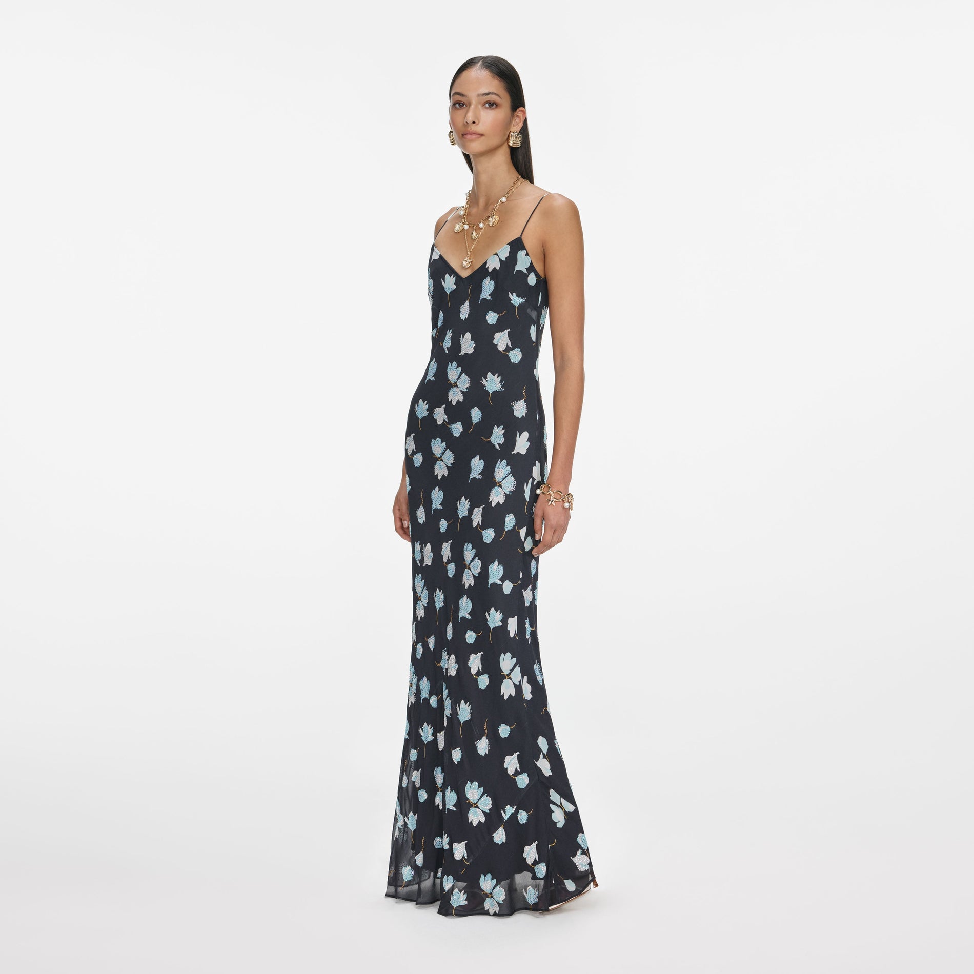 Navy Floral Rhinestone Maxi Dress