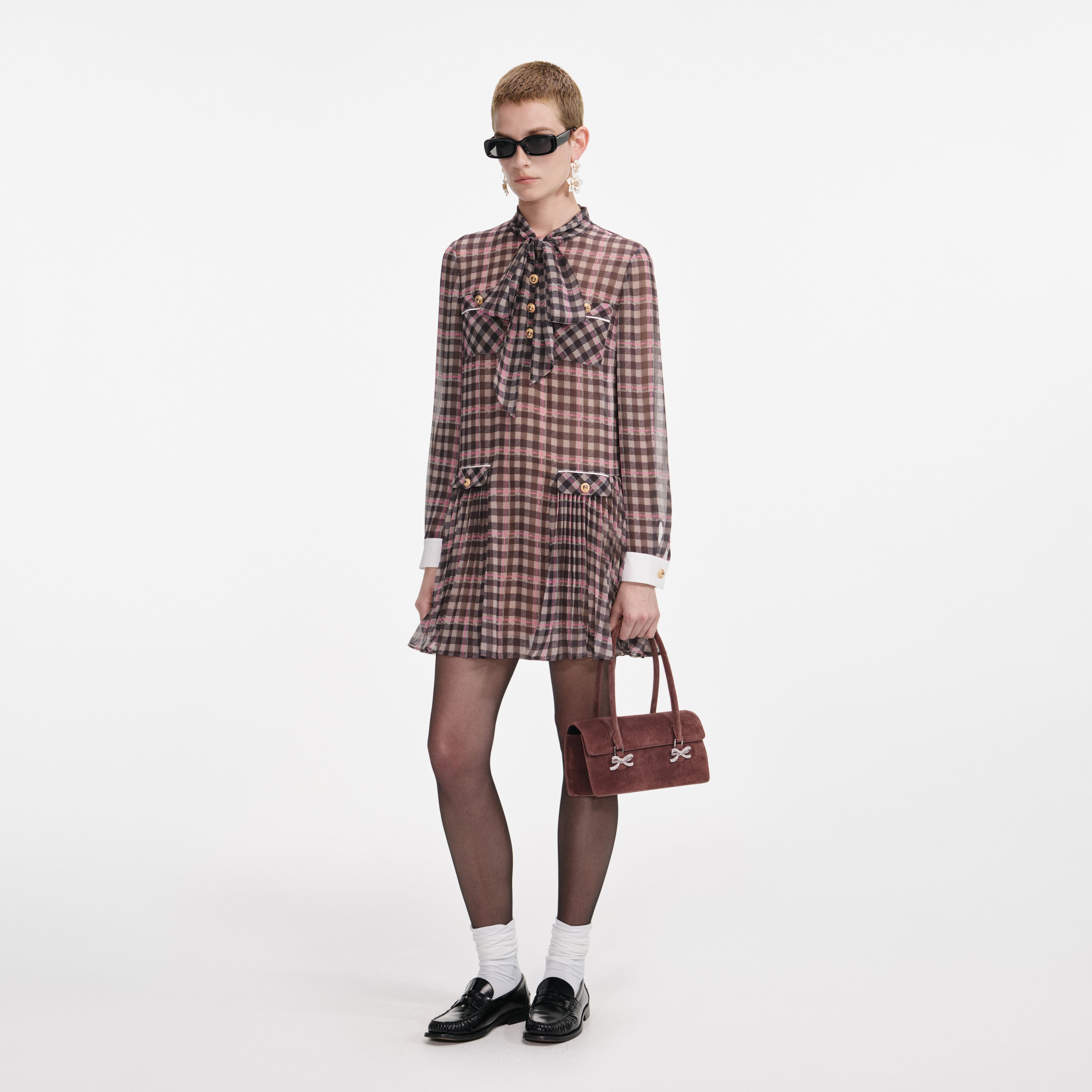 Brown Check Chiffon Mini Dress