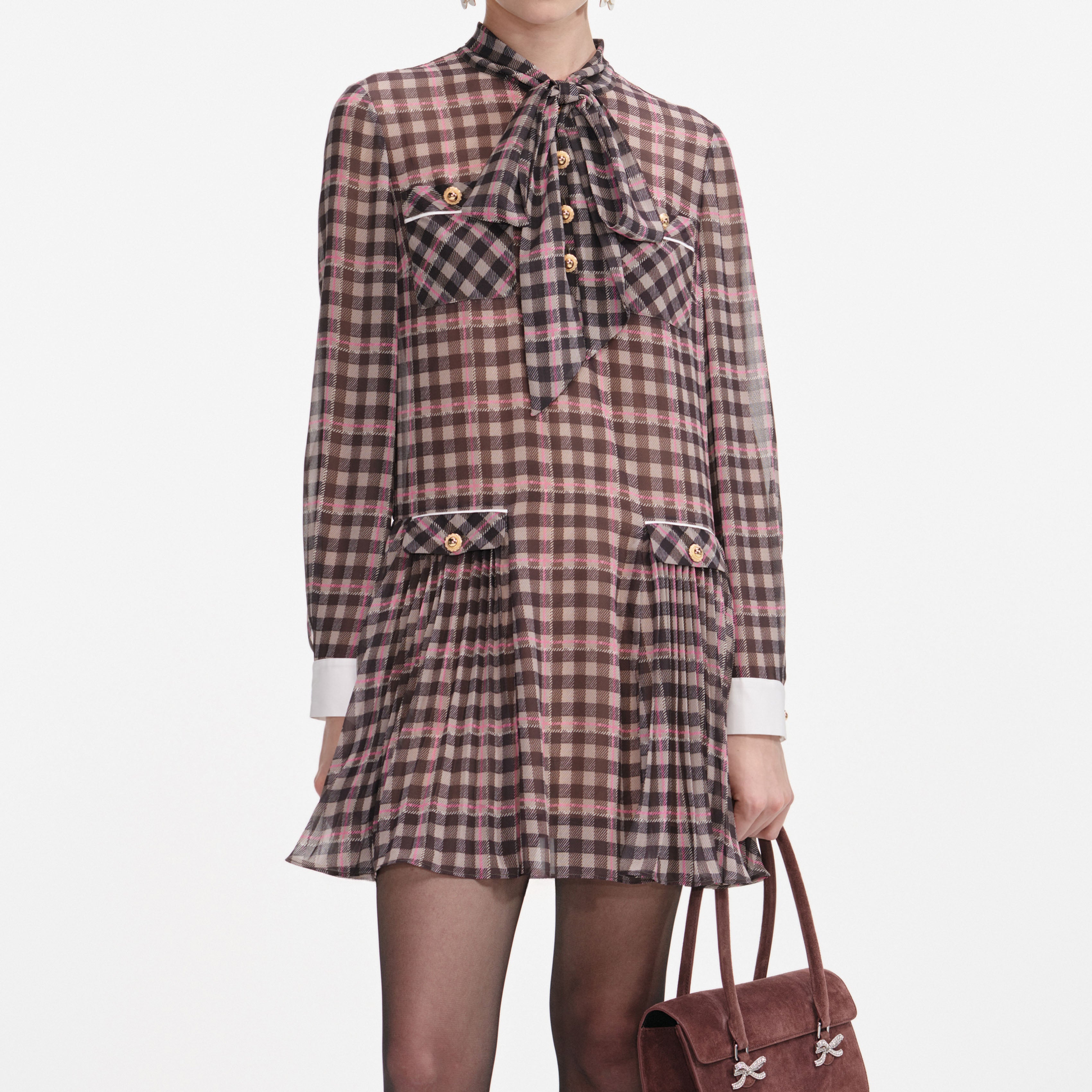 Brown Check Chiffon Mini Dress – self-portrait