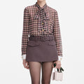 Brown Check Chiffon Blouse