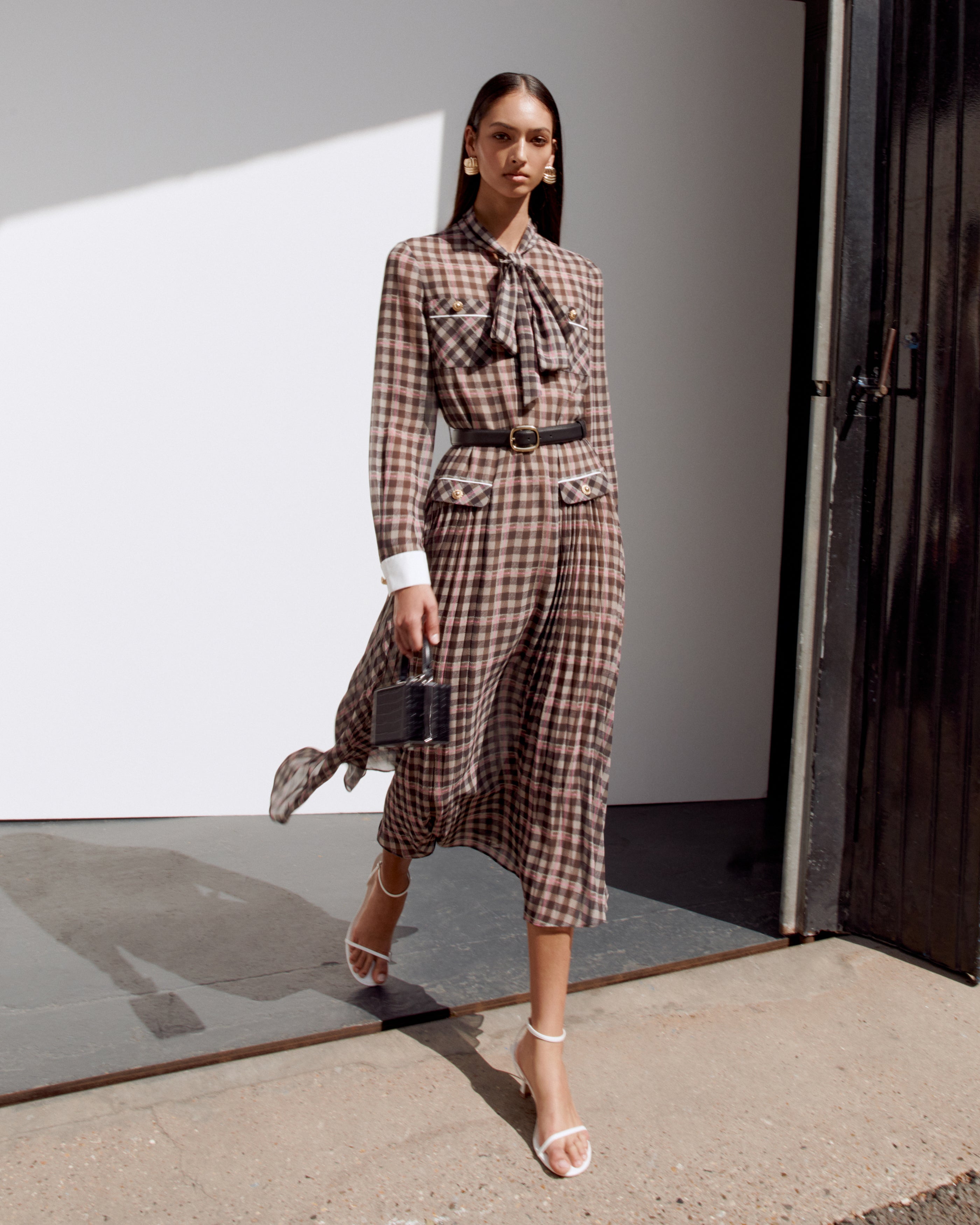 Brown Check Chiffon Midi Dress