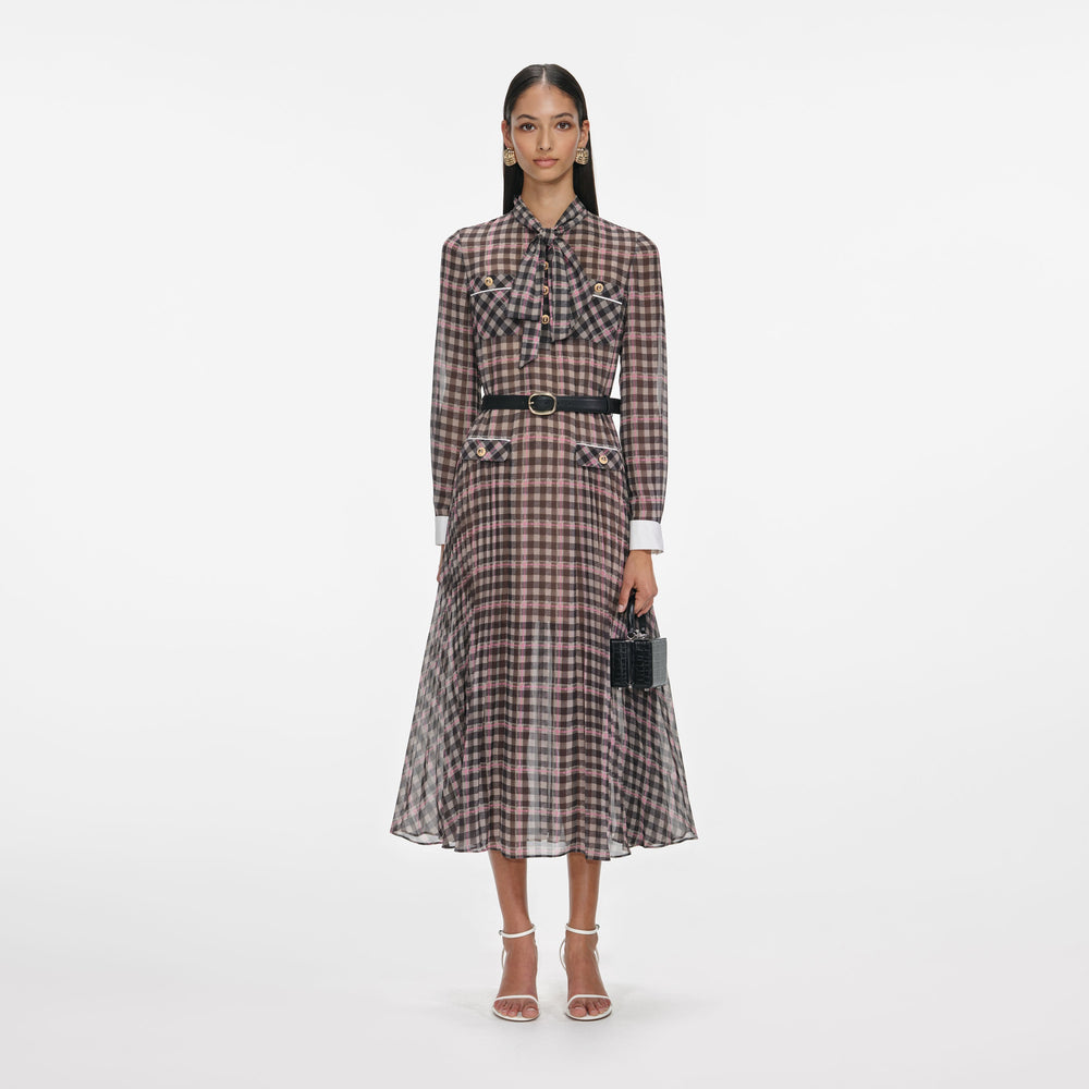Brown Check Chiffon Midi Dress – self-portrait