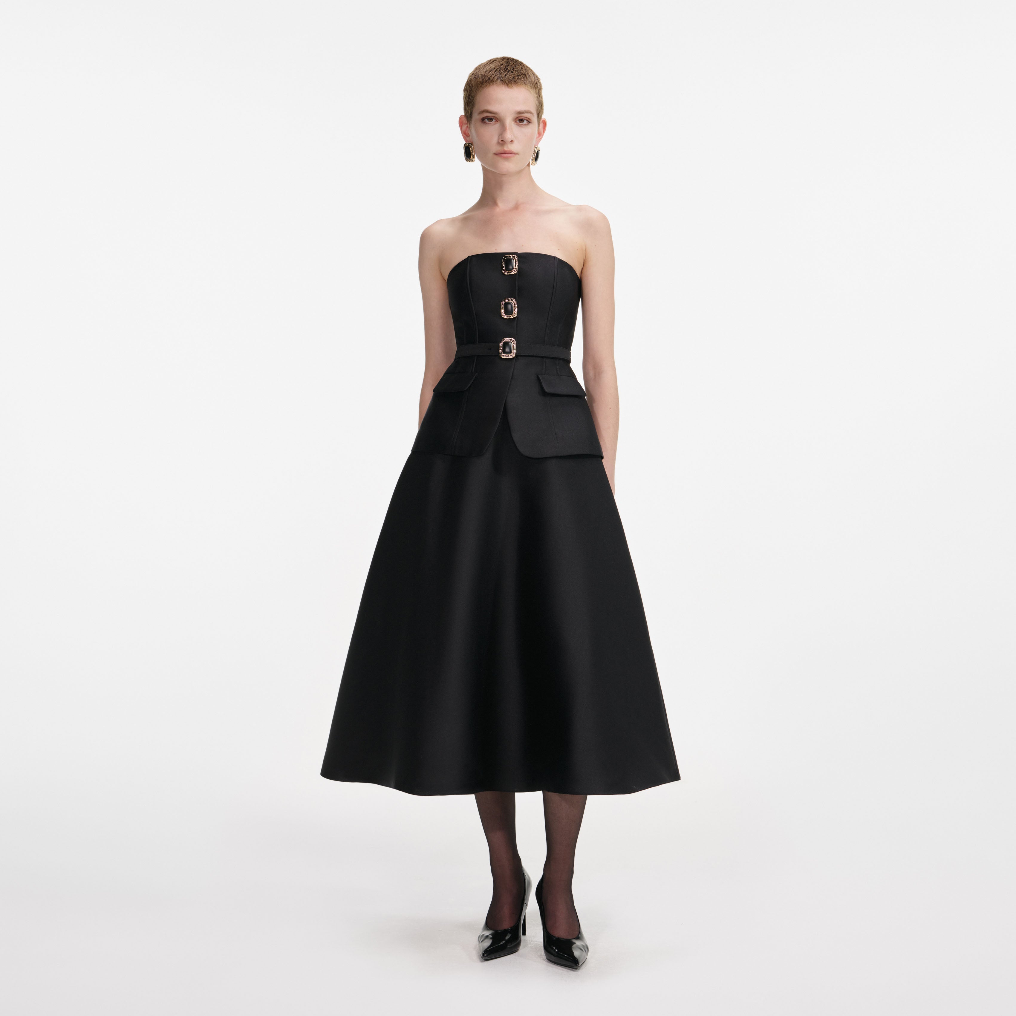Black Taffeta Bandeau Midi Dress