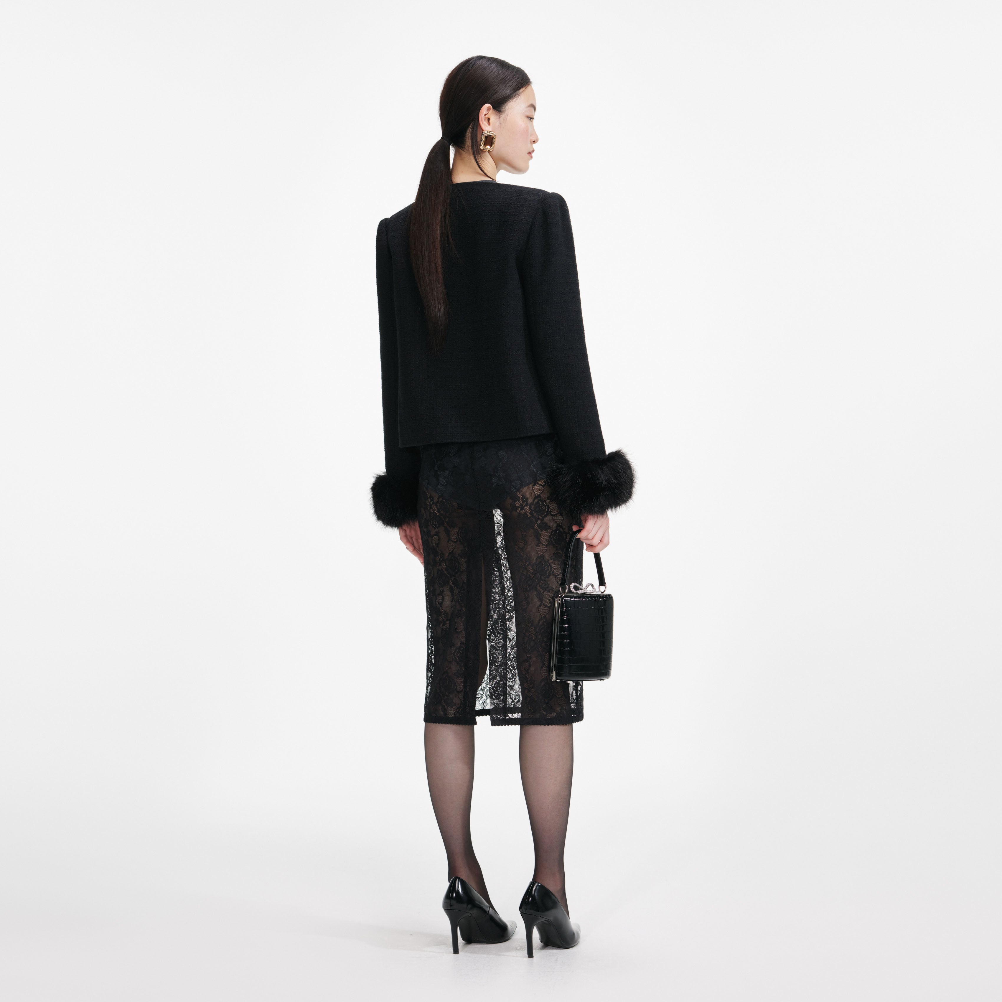 Black Boucle Fur Cuff Jacket