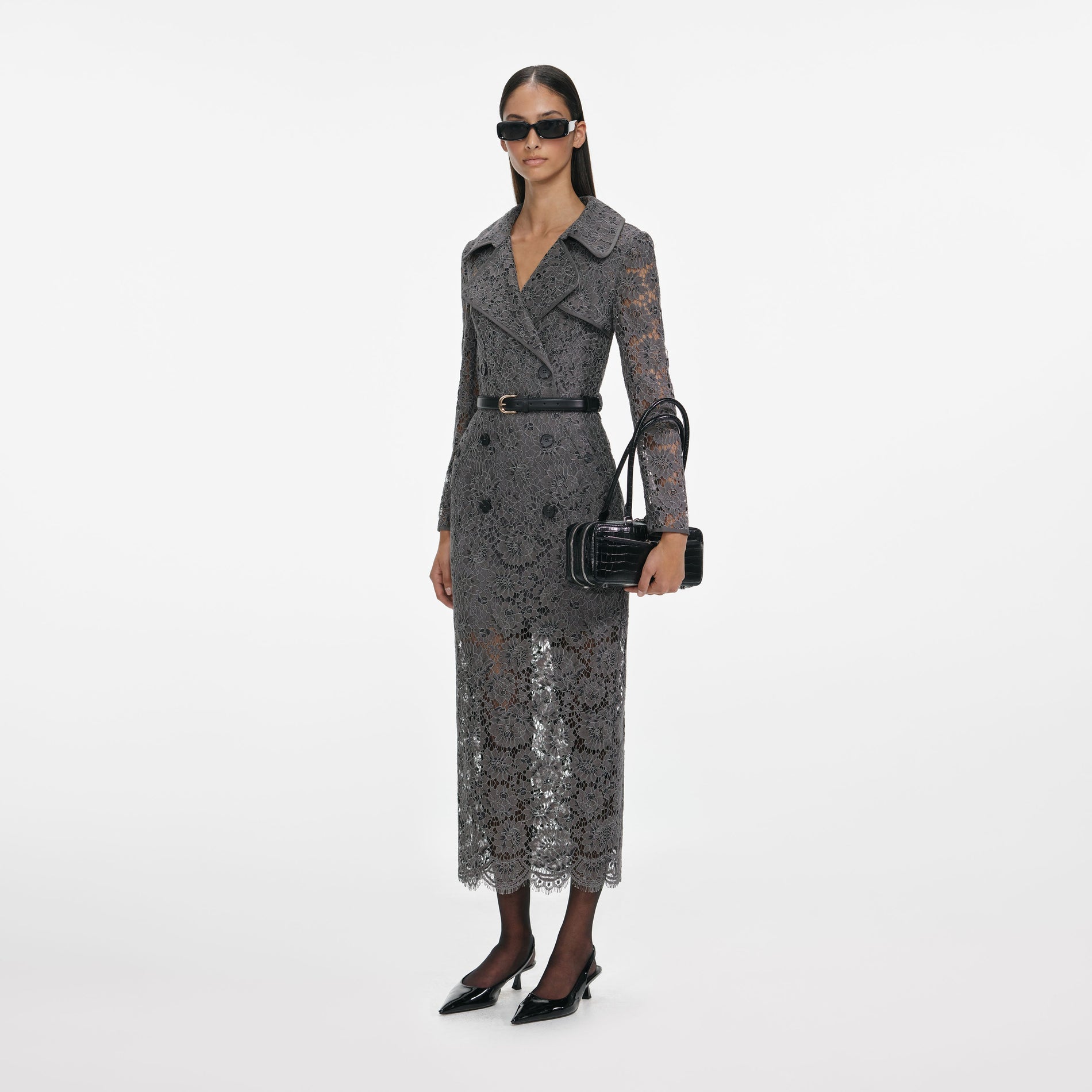 Grey Floral Lace Midi Dress