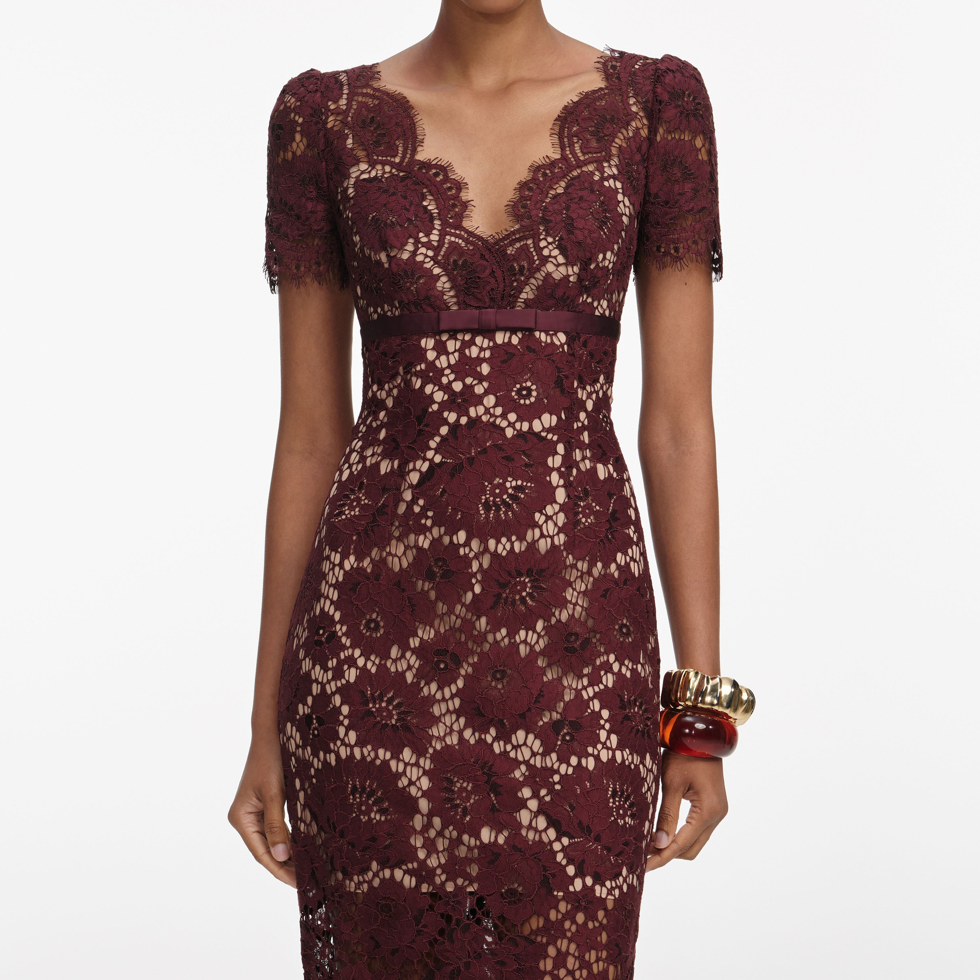Burgundy Floral Lace Midi Dress – self-portrait