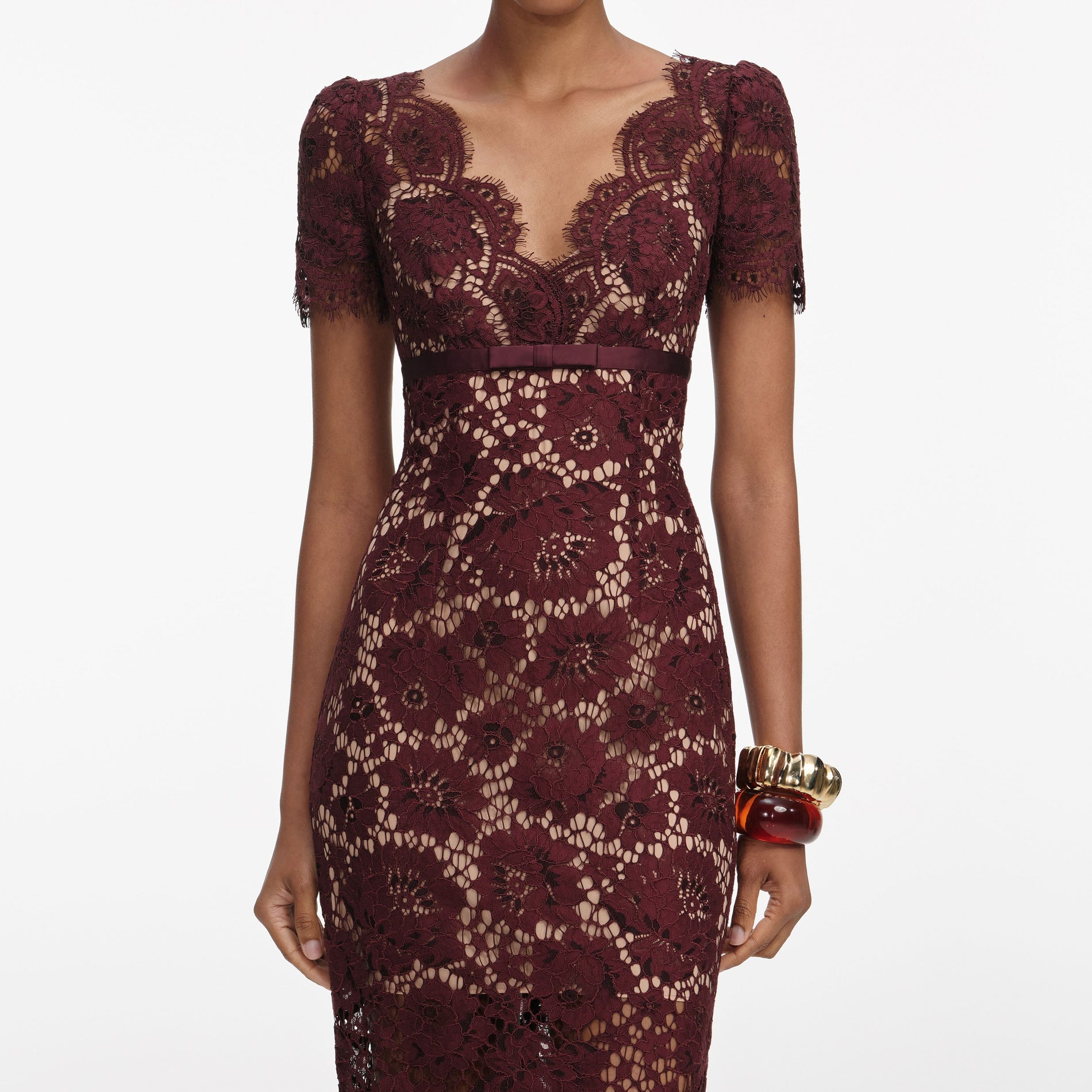 Burgundy Floral Lace Midi Dress