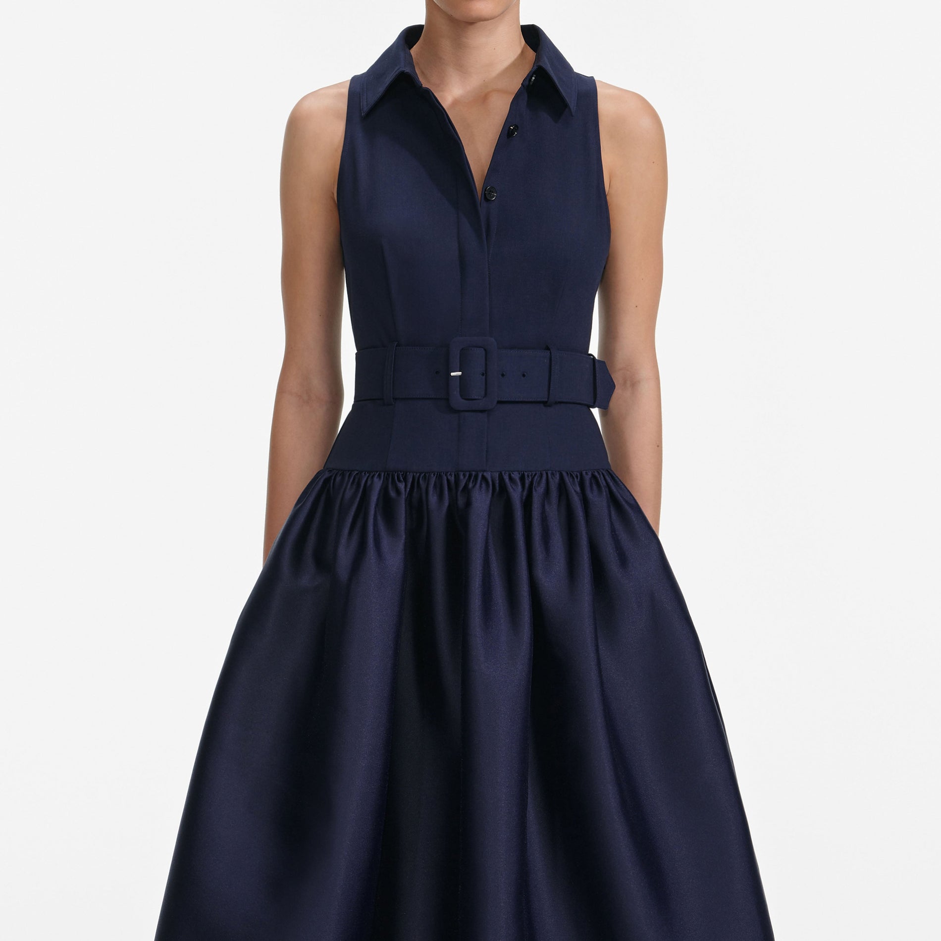 Navy Belted Twill Midi Dress