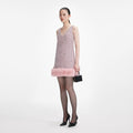 Pink Boucle Fur Hem Mini Dress