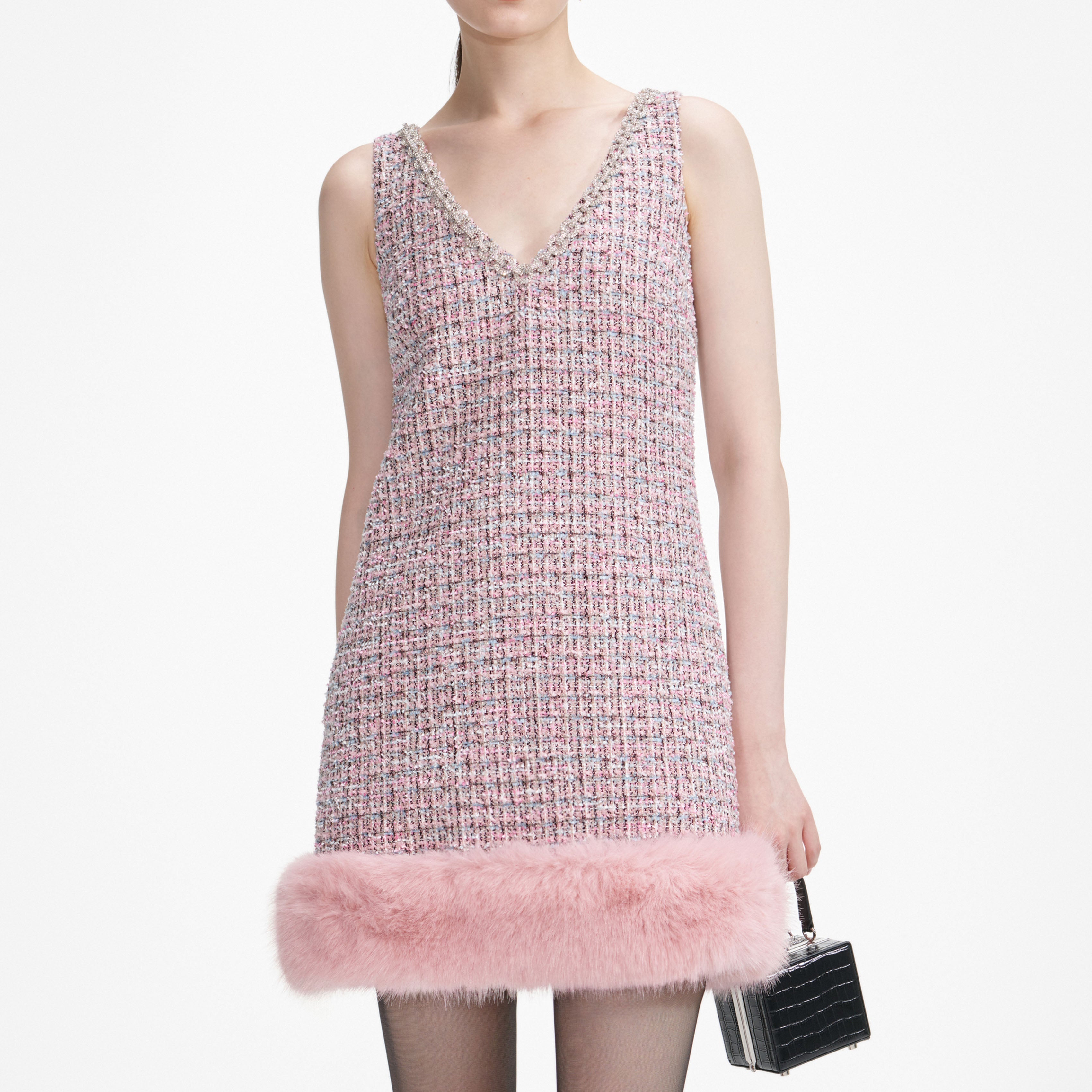 Pink Boucle Fur Hem Mini Dress