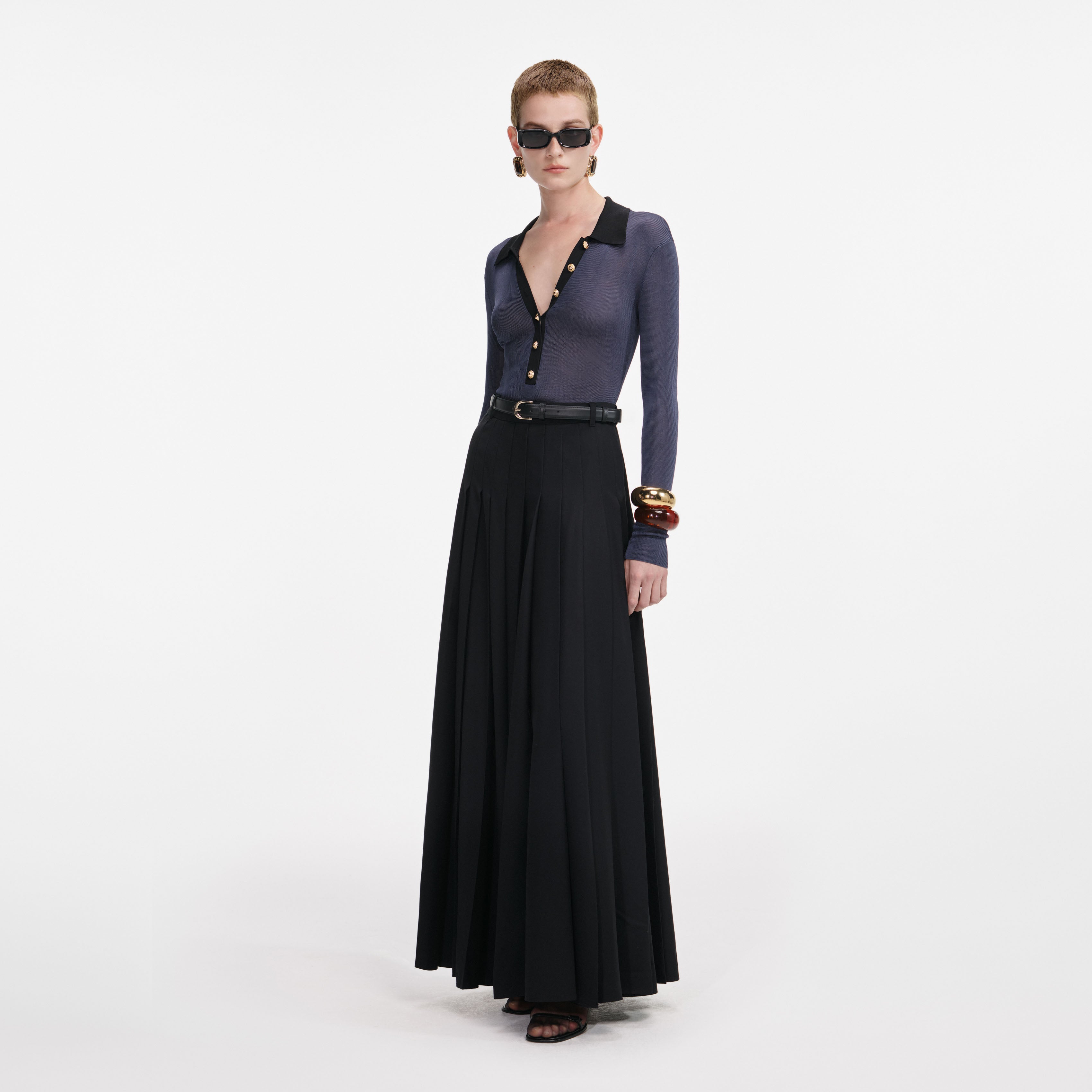 Black Pleated Twill Maxi Skirt