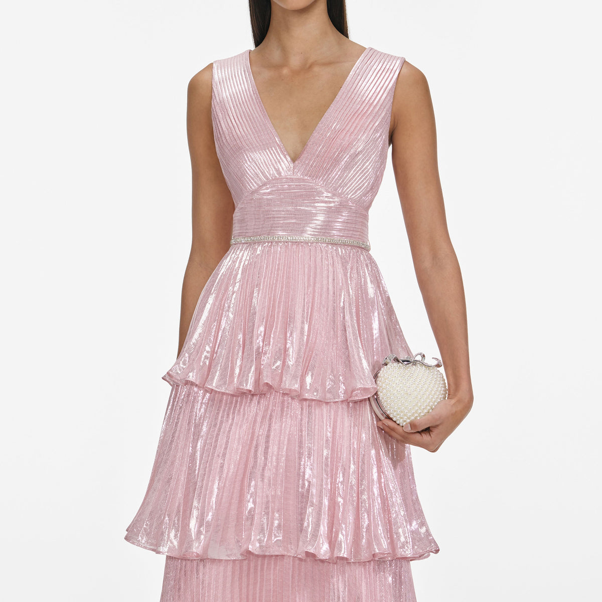 Pink Metallic Tiered Midi Dress – self-portrait