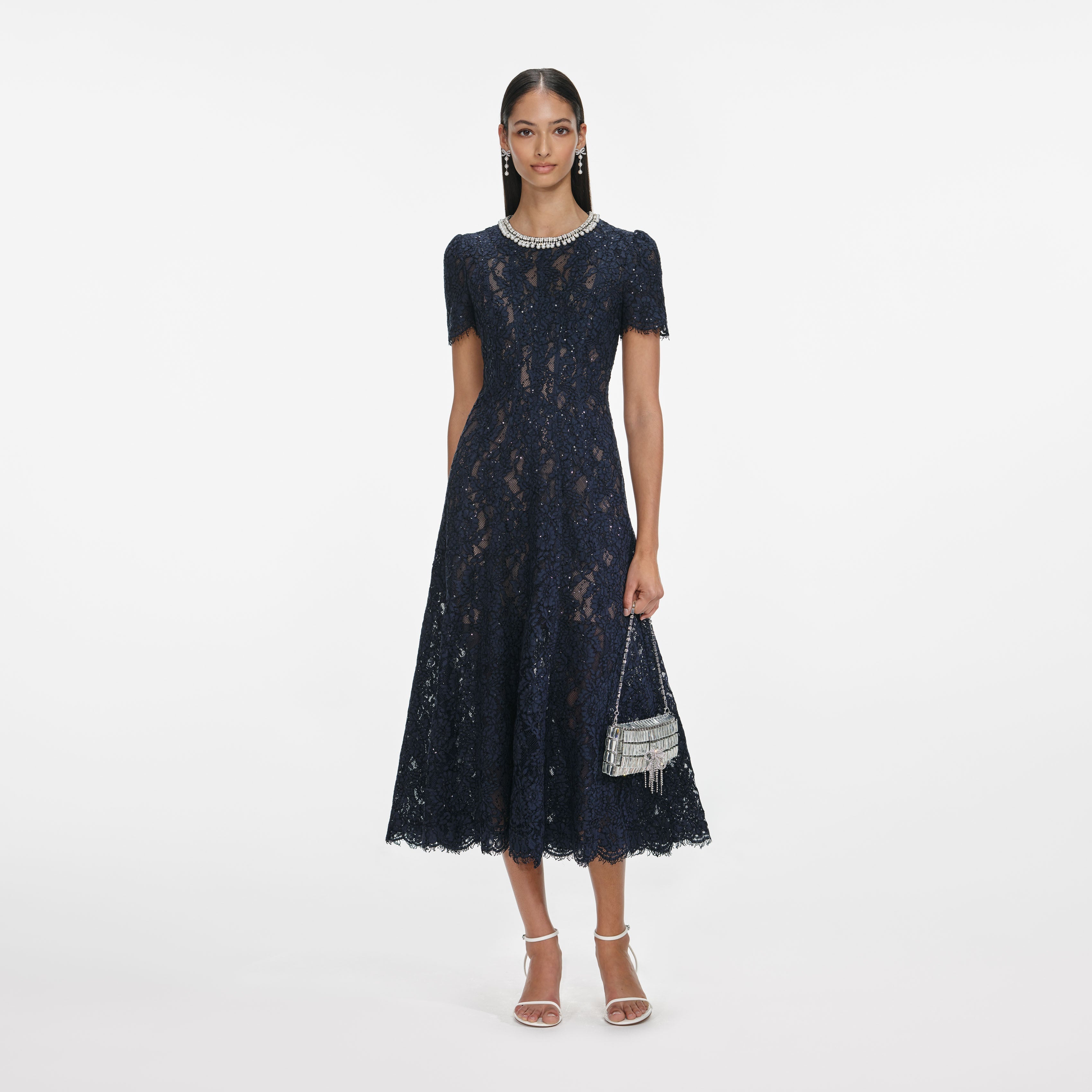 Navy Lace Embellished Midi Dress – self-portrait