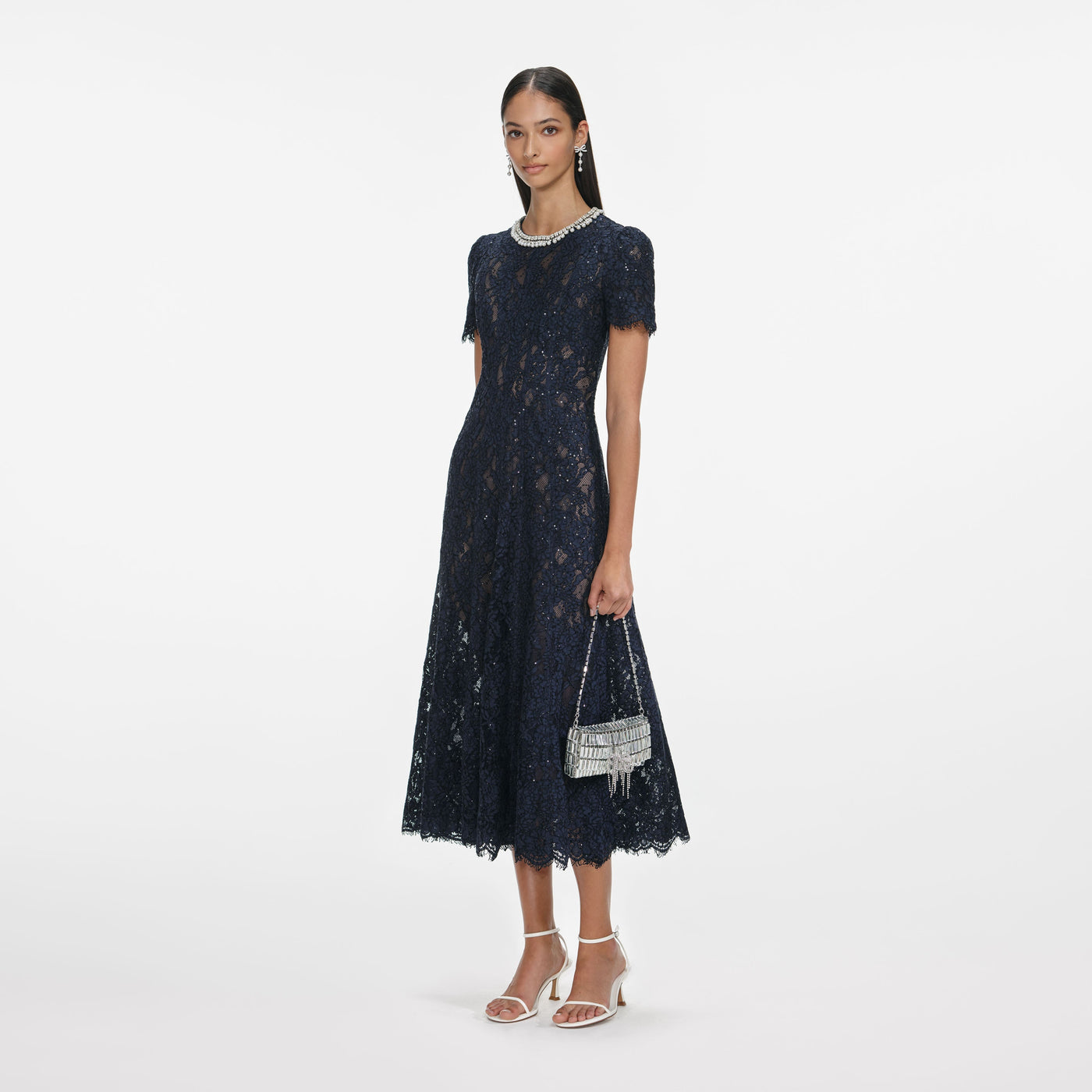 Navy Lace Embellished Midi Dress – self-portrait