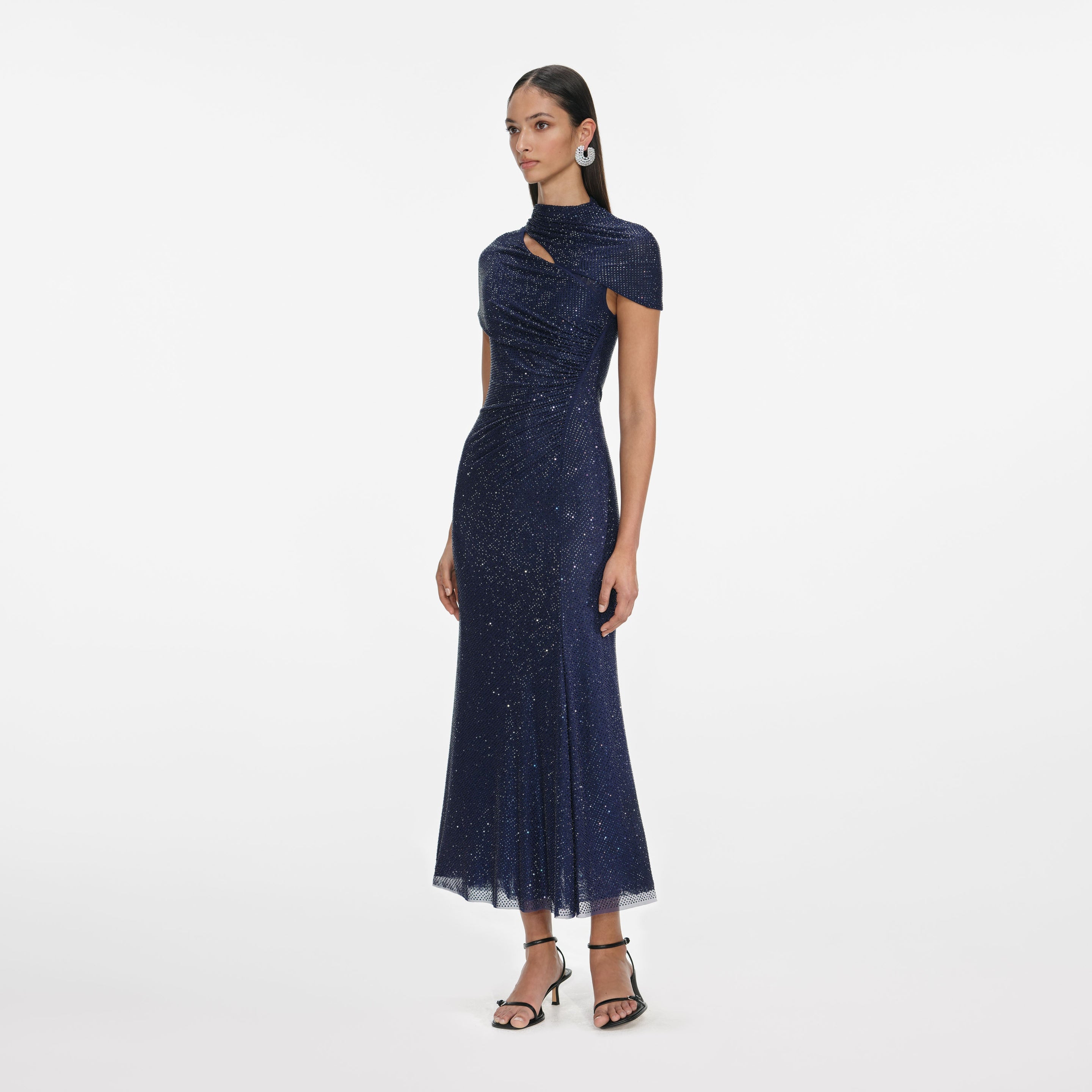 Navy Rhinestone Mesh Cut Out Midi Dress – self-portrait
