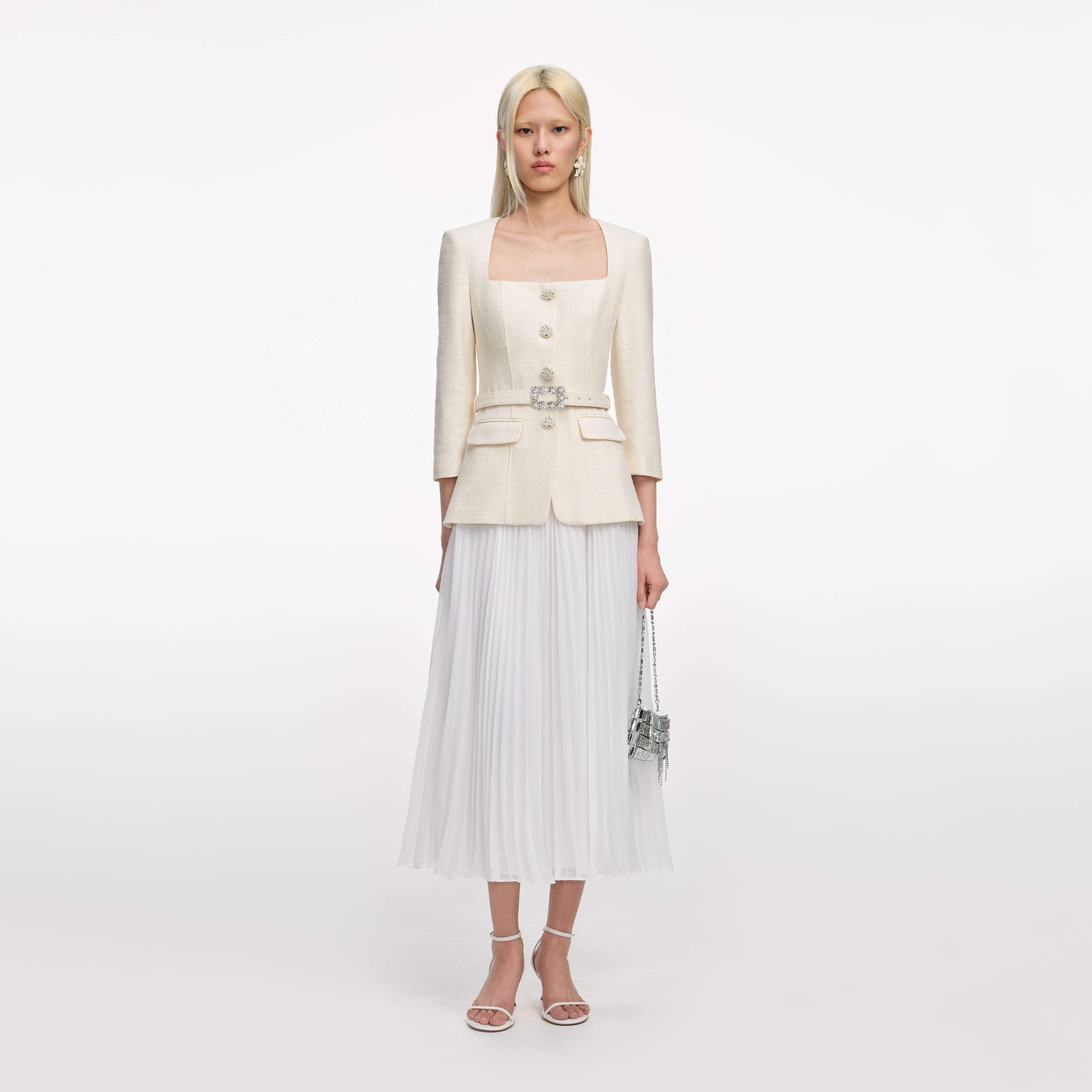 Cream Boucle Long Sleeve Chiffon Midi Dress