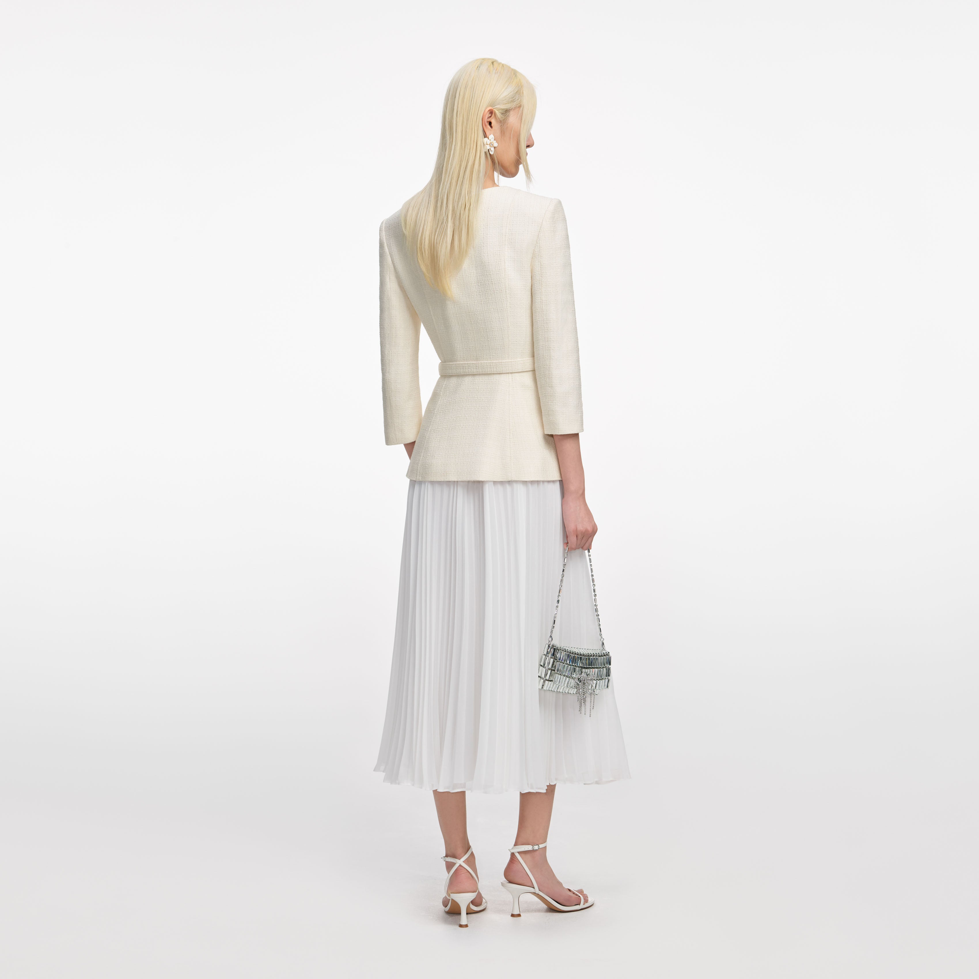 Cream Boucle Long Sleeve Chiffon Midi Dress