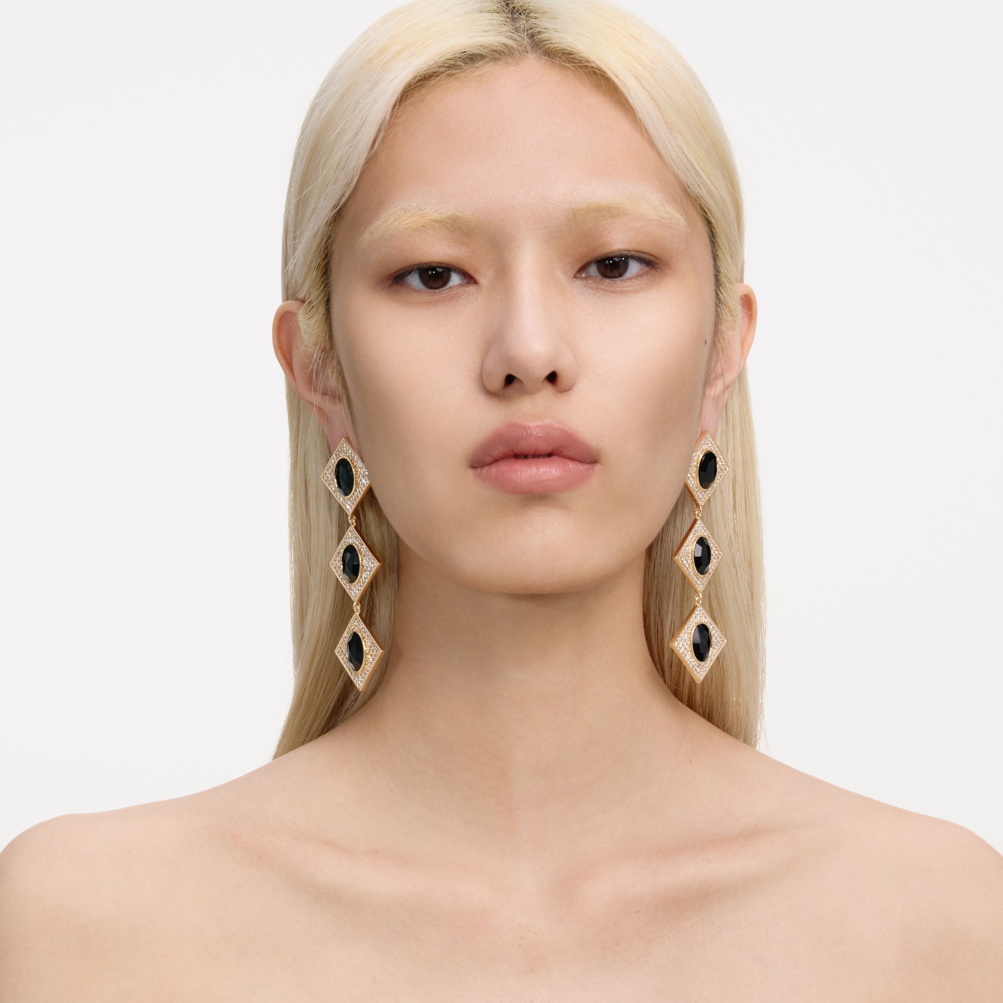 Gold Crystal Black Tiered Earrings