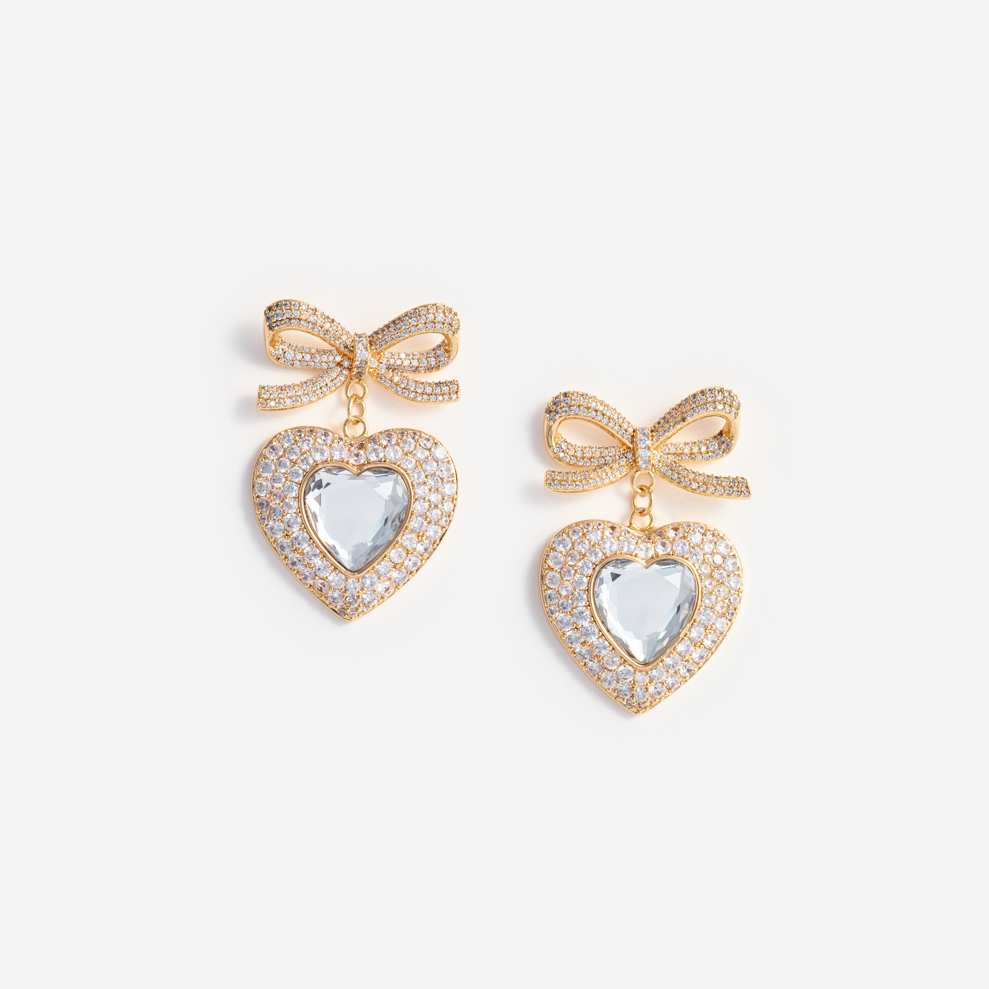 Gold Bow Crystal Heart Earrings