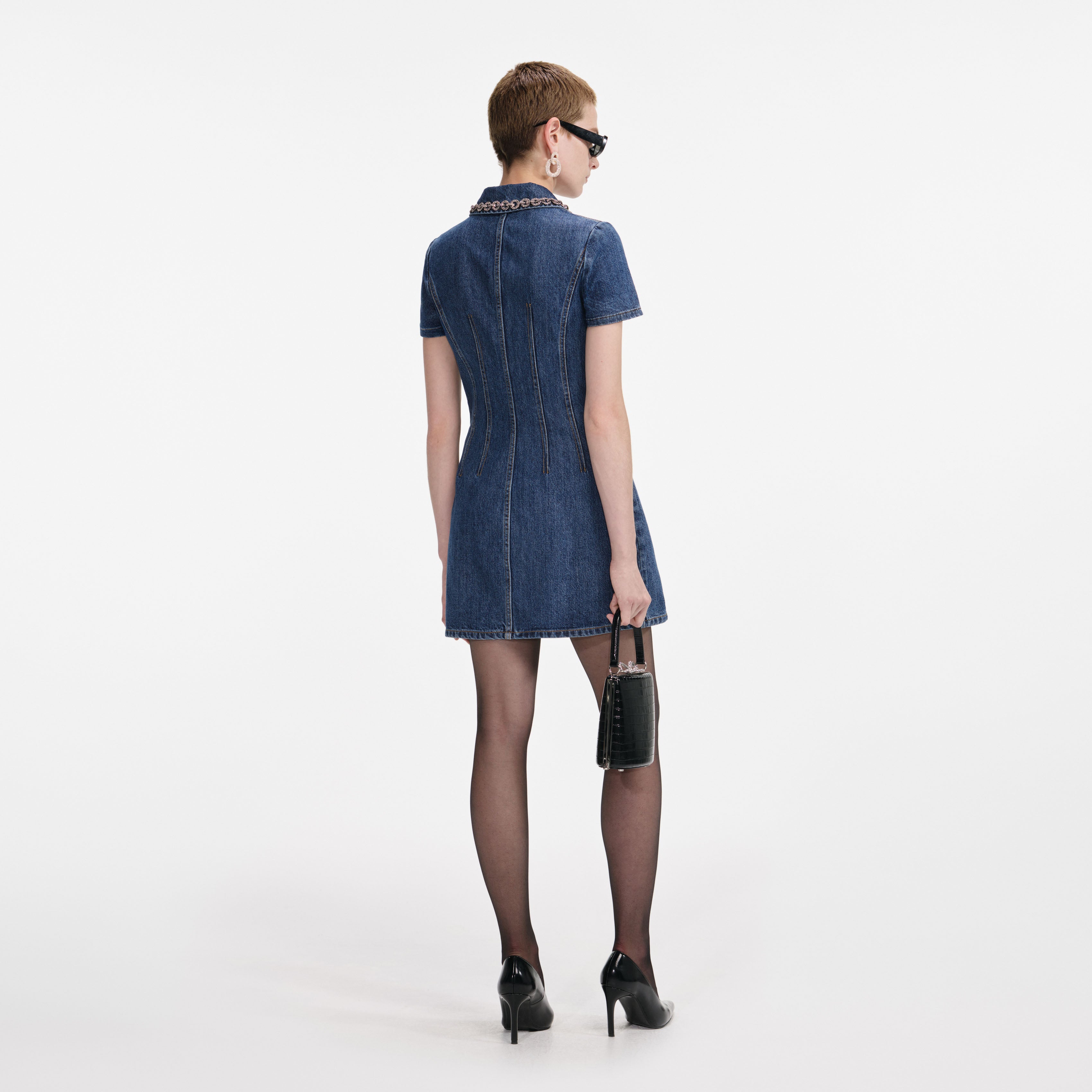 Denim Crystal Trim Collared Mini Dress