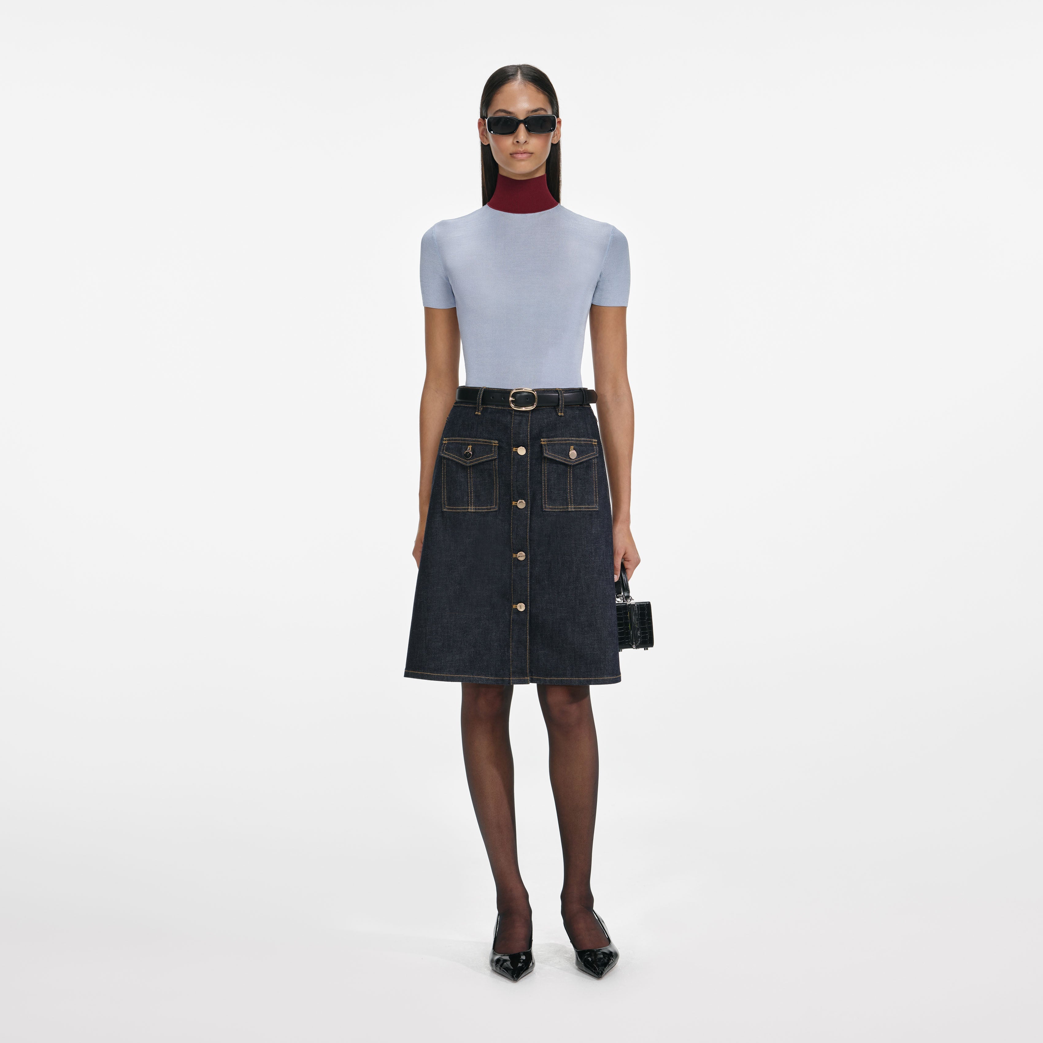 Indigo Denim Belted Midi Skirt
