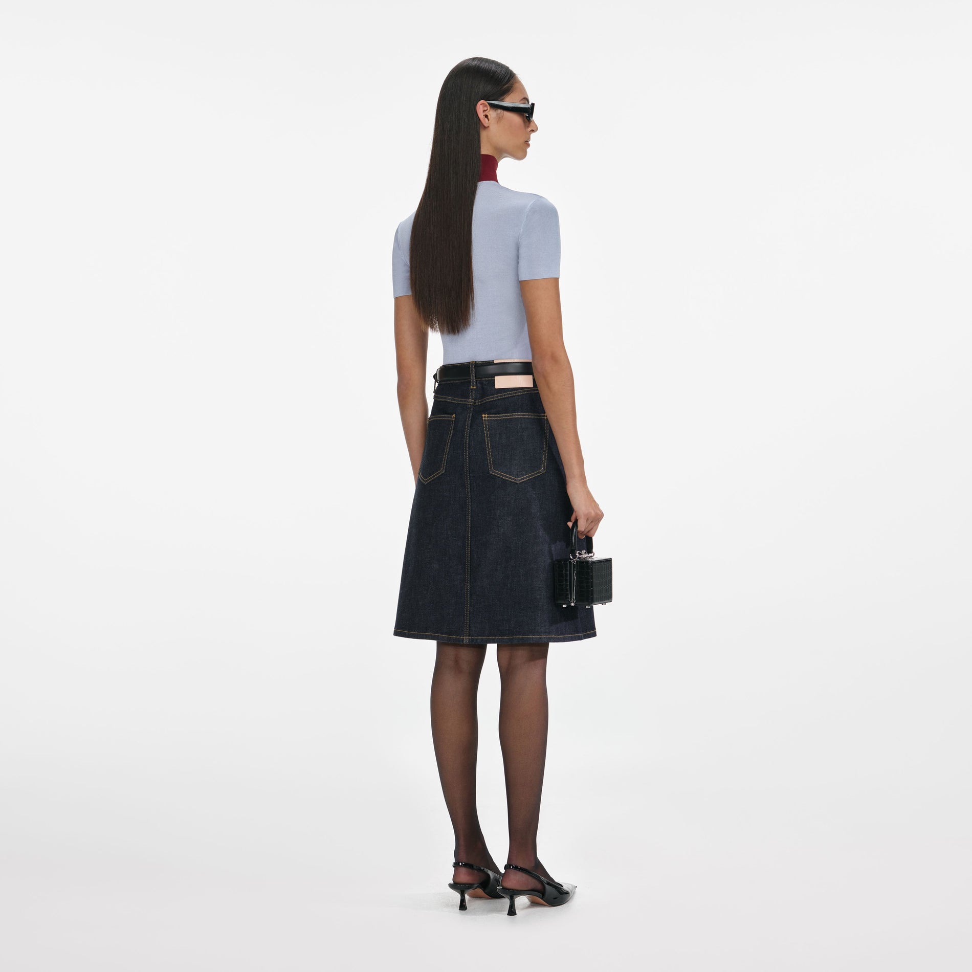 Indigo Denim Belted Midi Skirt