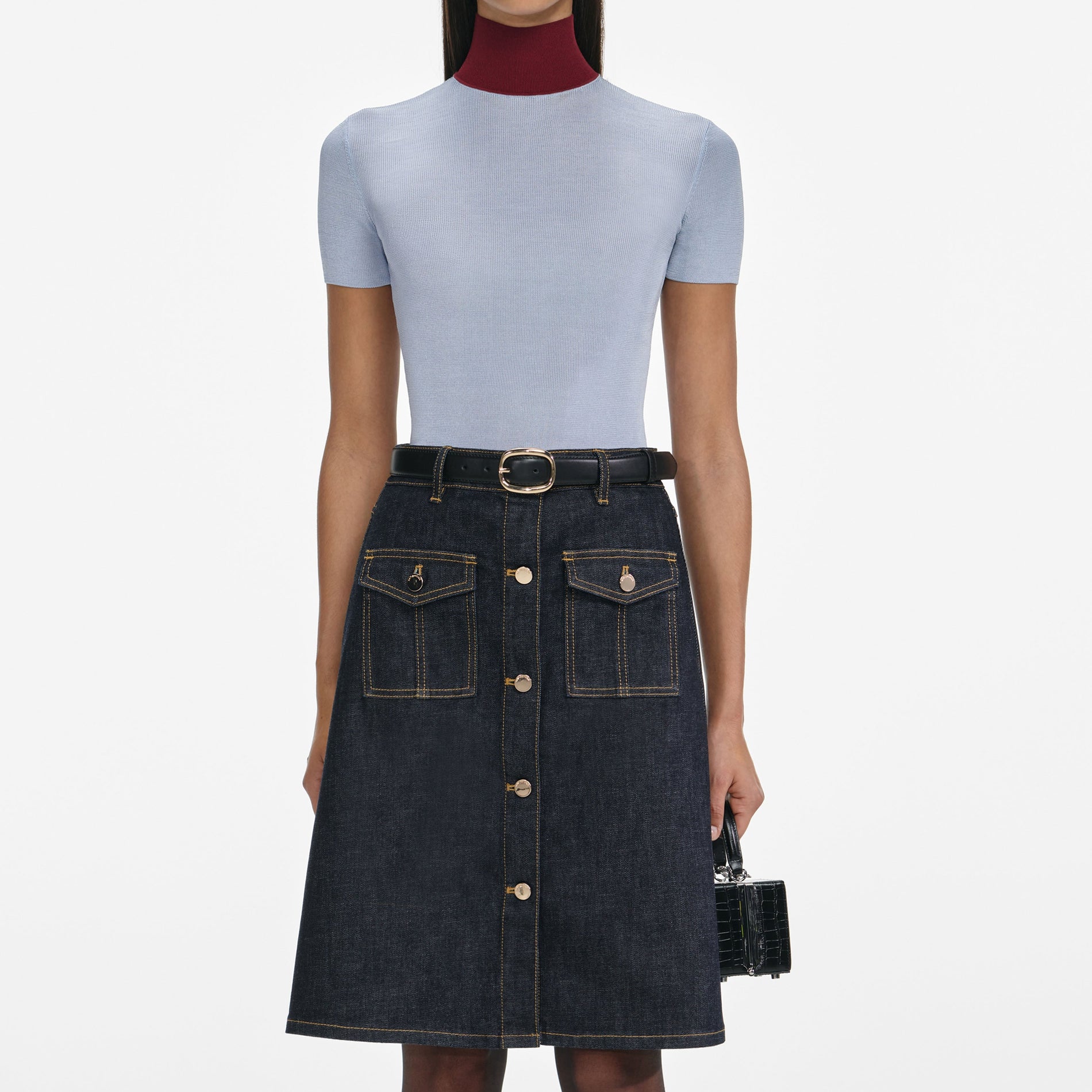 Indigo Denim Belted Midi Skirt
