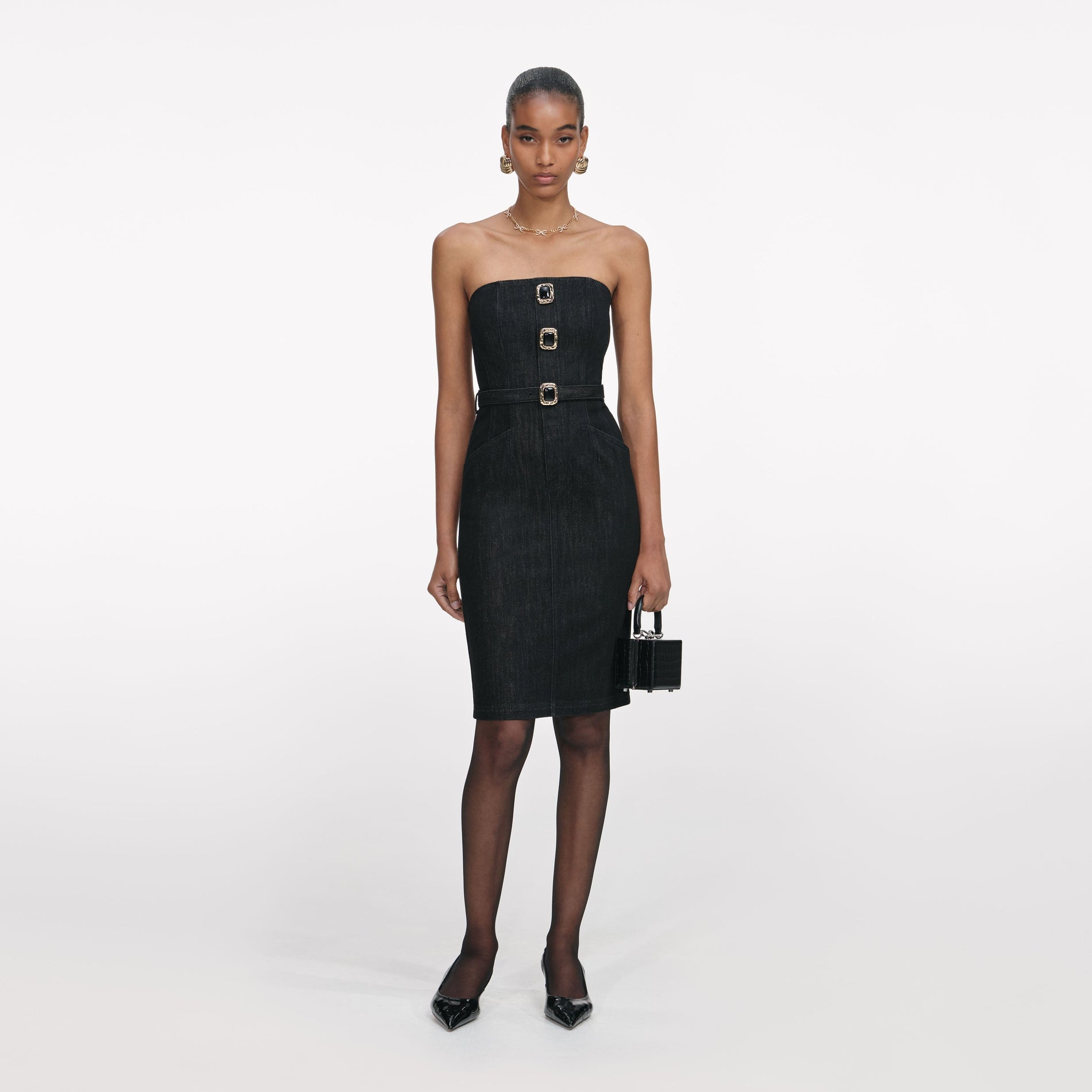 Black Denim Bandeau Midi Dress