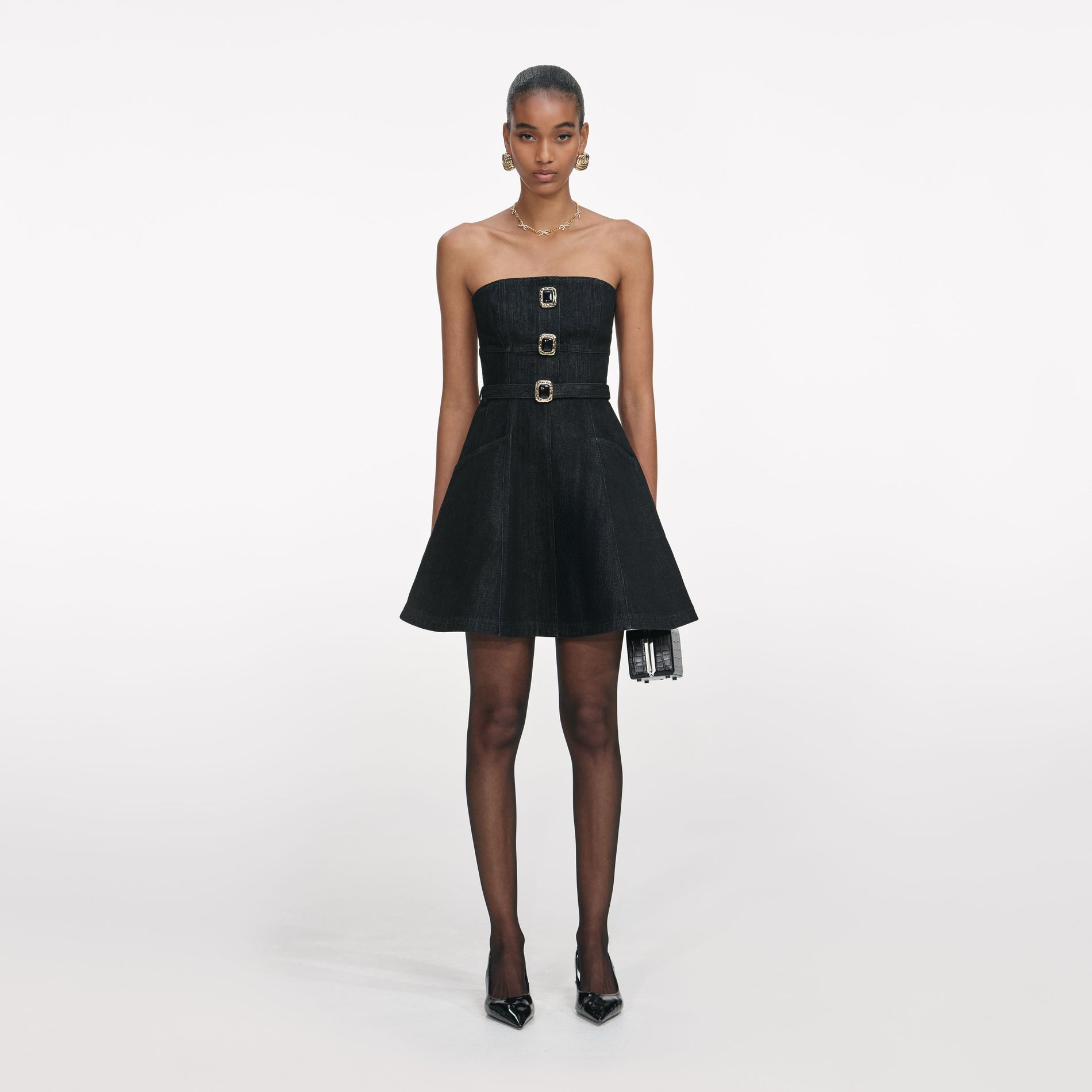 Black Denim Bandeau Mini Dress