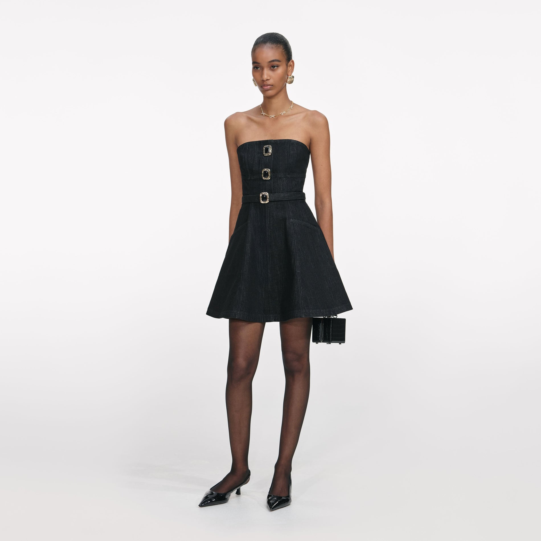 Black Denim Bandeau Mini Dress