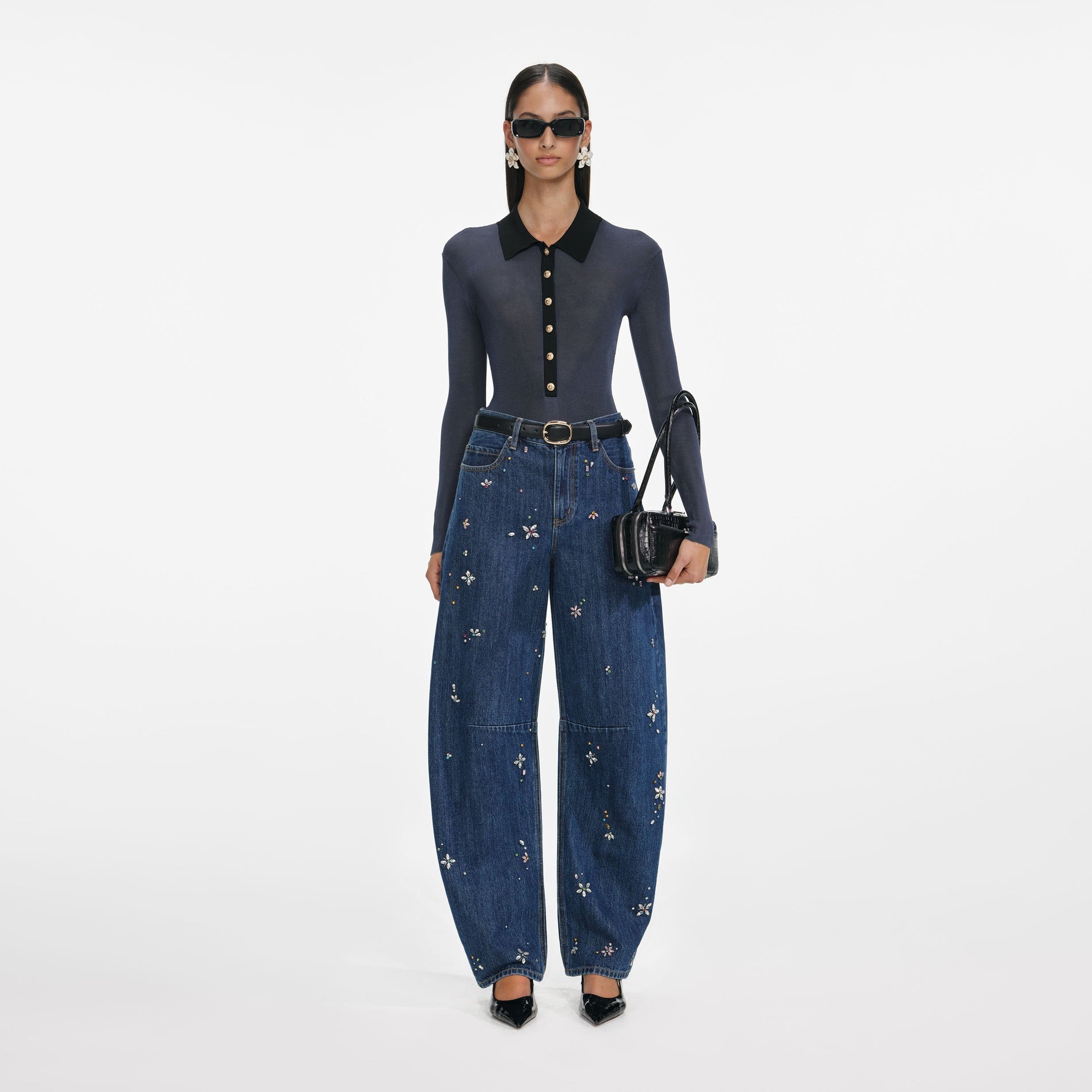Blue Embellished Barrel Leg Jeans