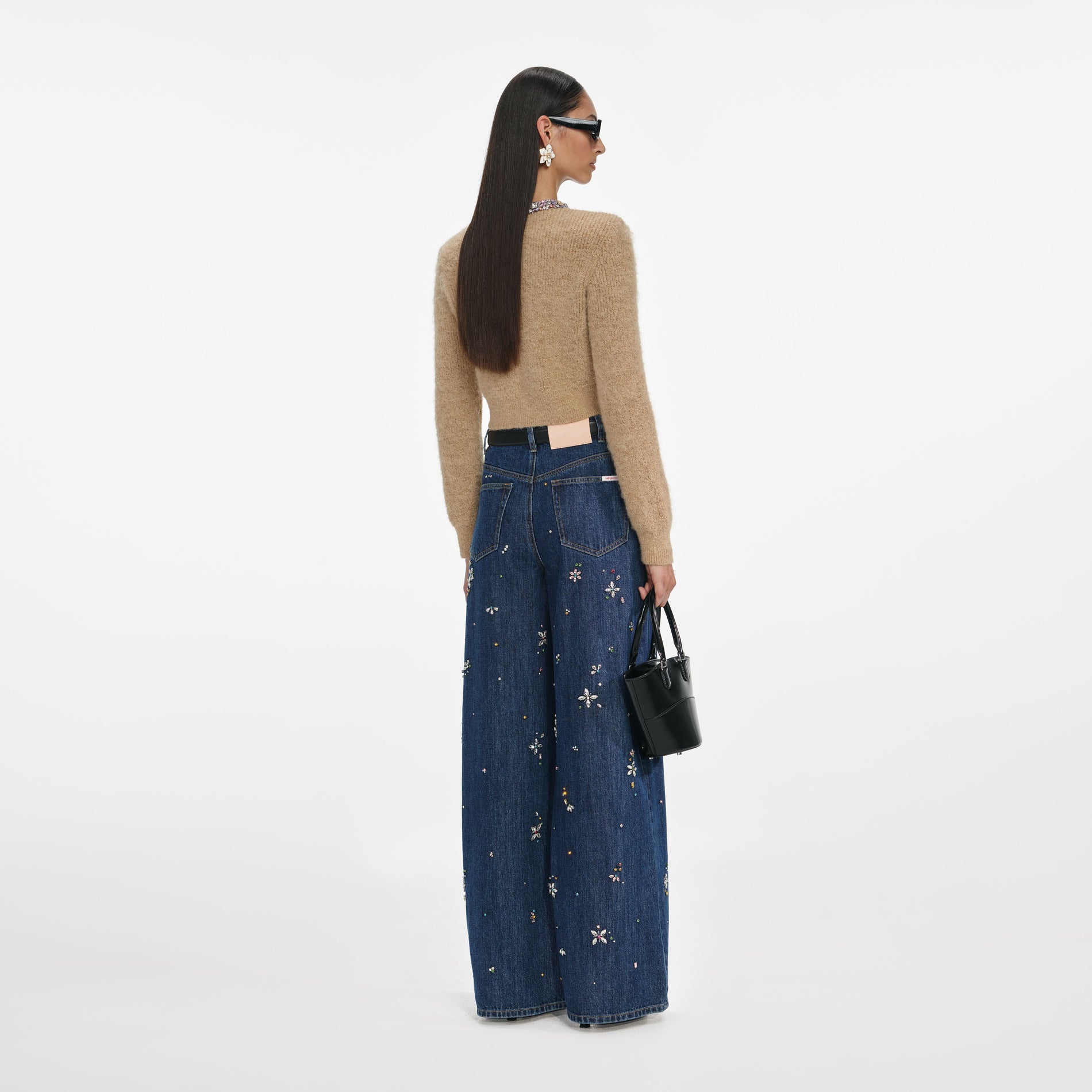 Blue Embellished Wide Leg Jeans