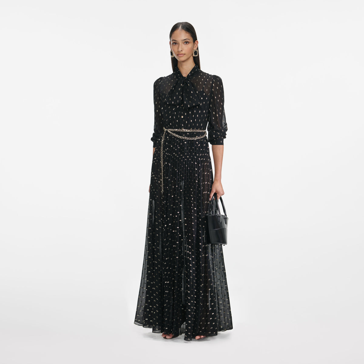 Black And Gold Tie Neck Maxi Dress – self-portrait