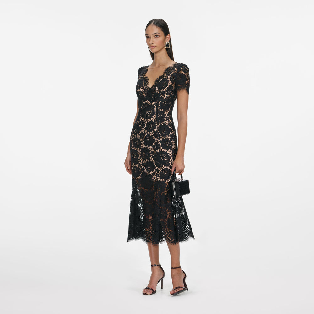 Black Floral Lace Midi Dress – self-portrait