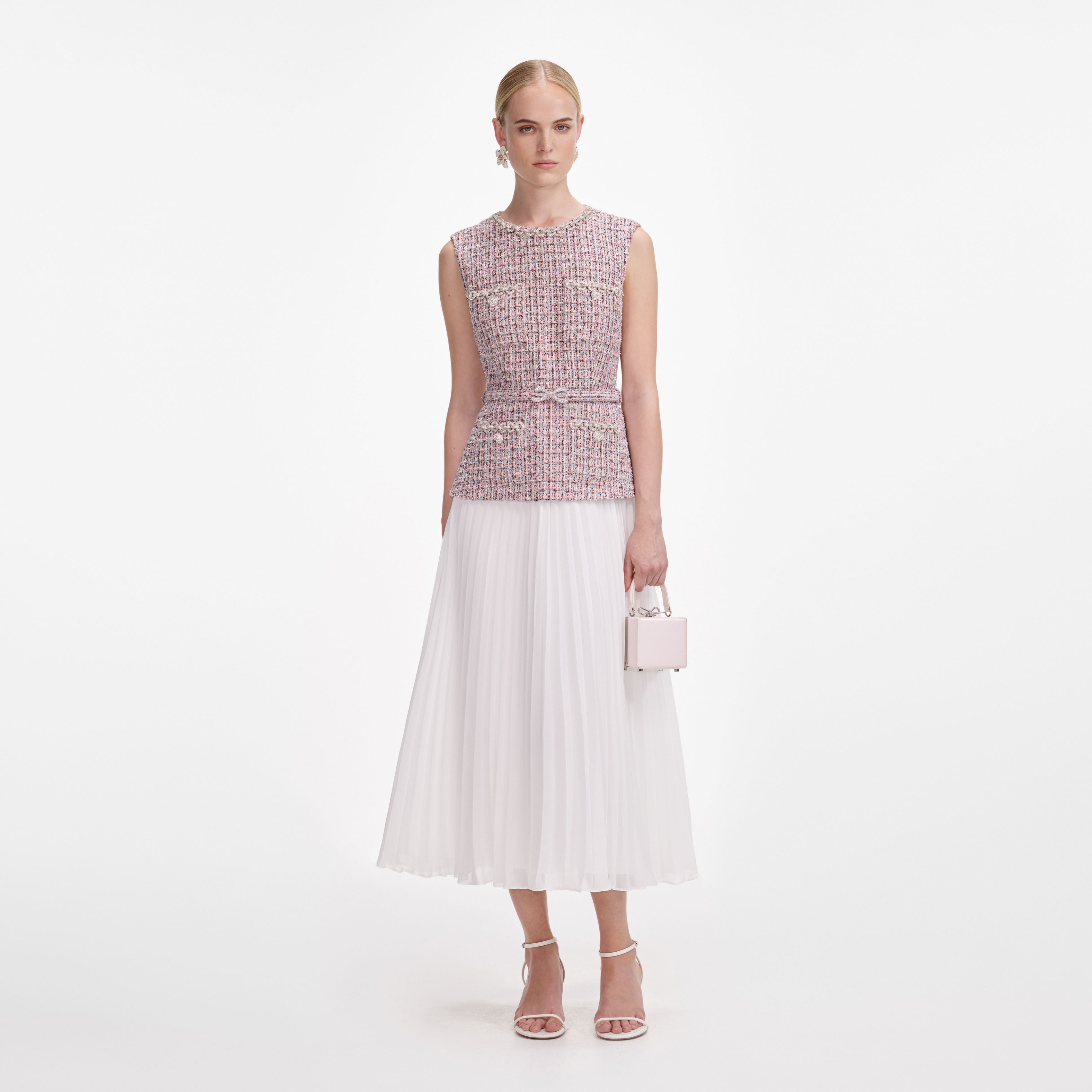 Pink Boucle Chiffon Midi Dress