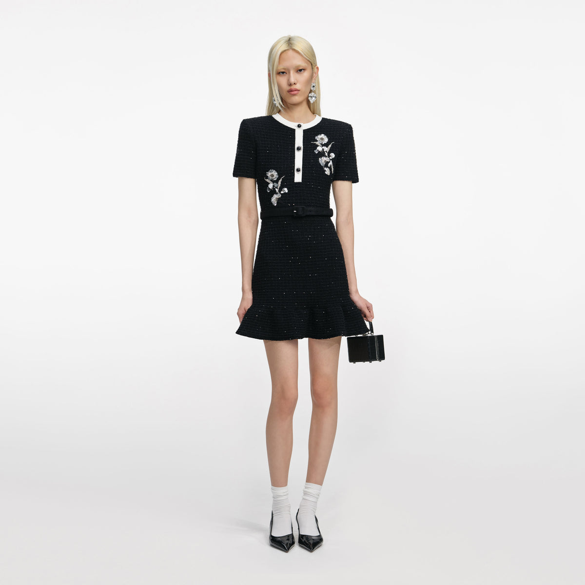 Black Floral Textured Knit Mini Dress – self-portrait