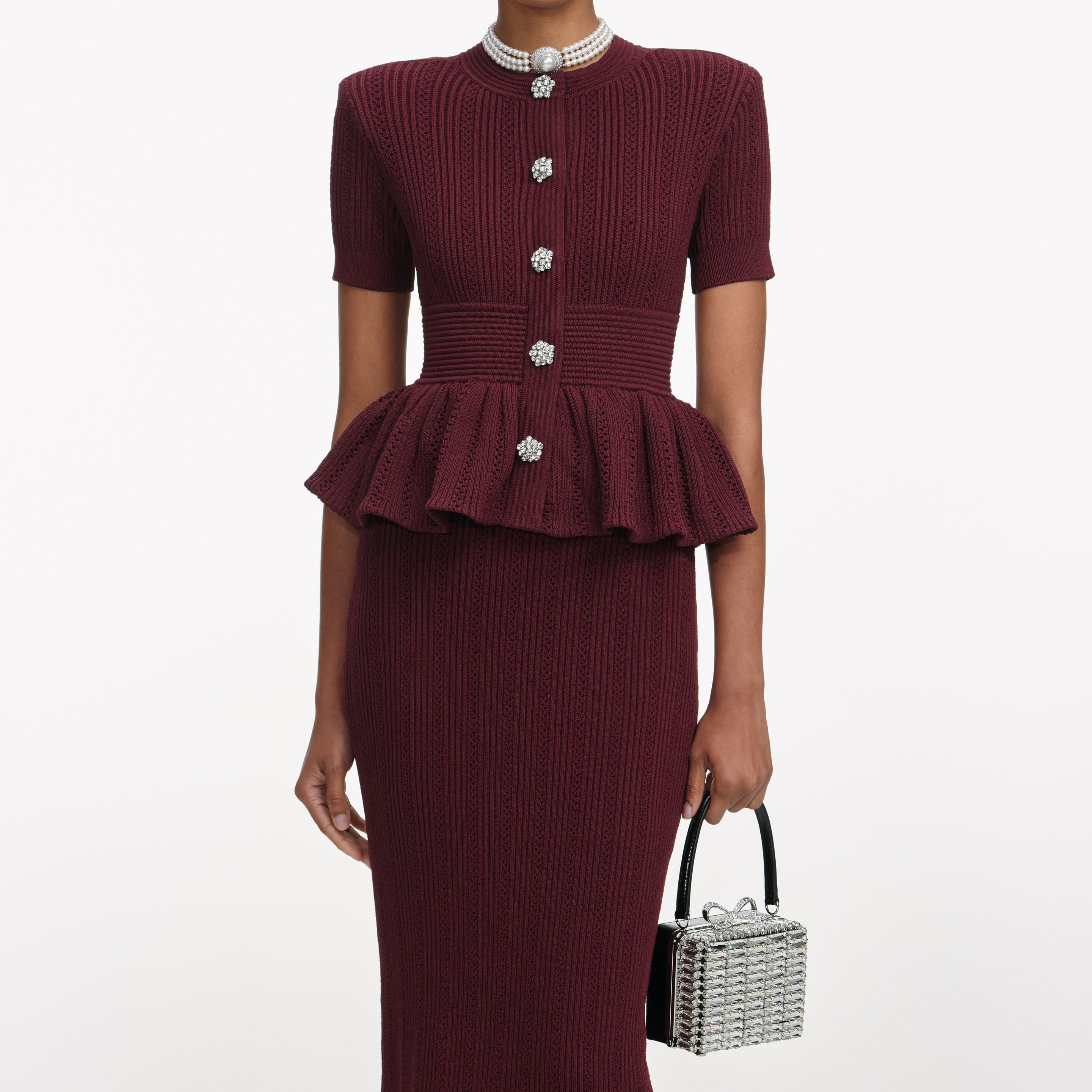 Burgundy Pointelle Knit Midi Dress – self-portrait