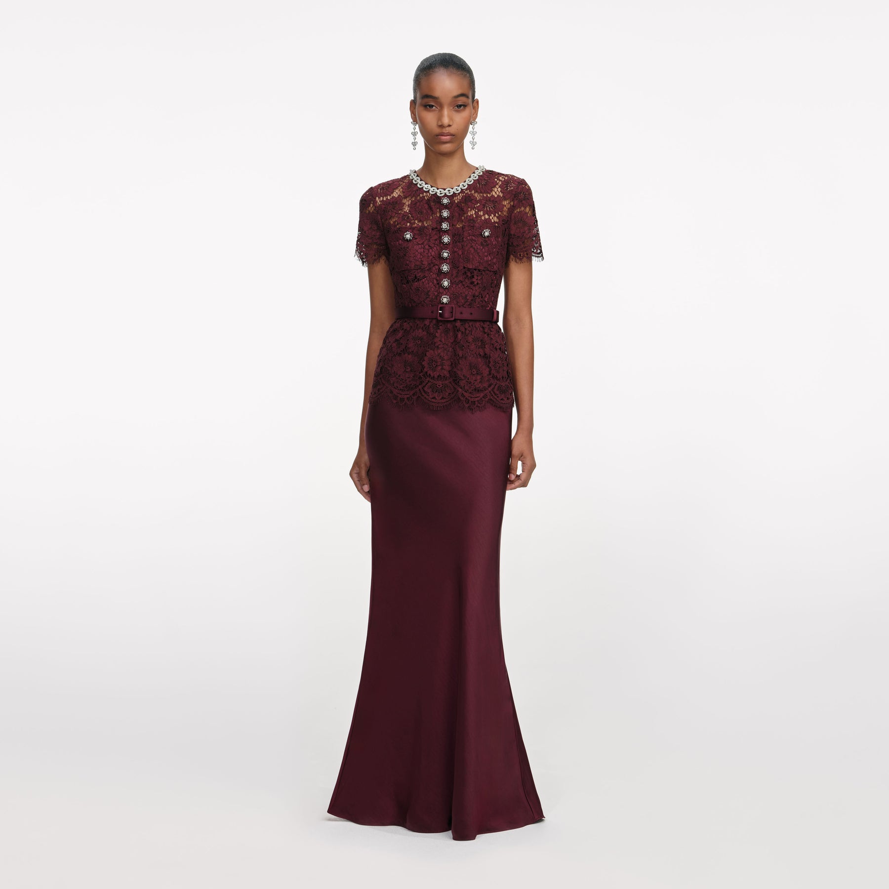 Burgundy Lace Satin Maxi Dress – self-portrait