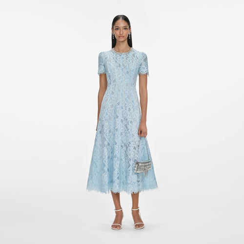 Lace Embroidered Detail Midi Dress - Blue