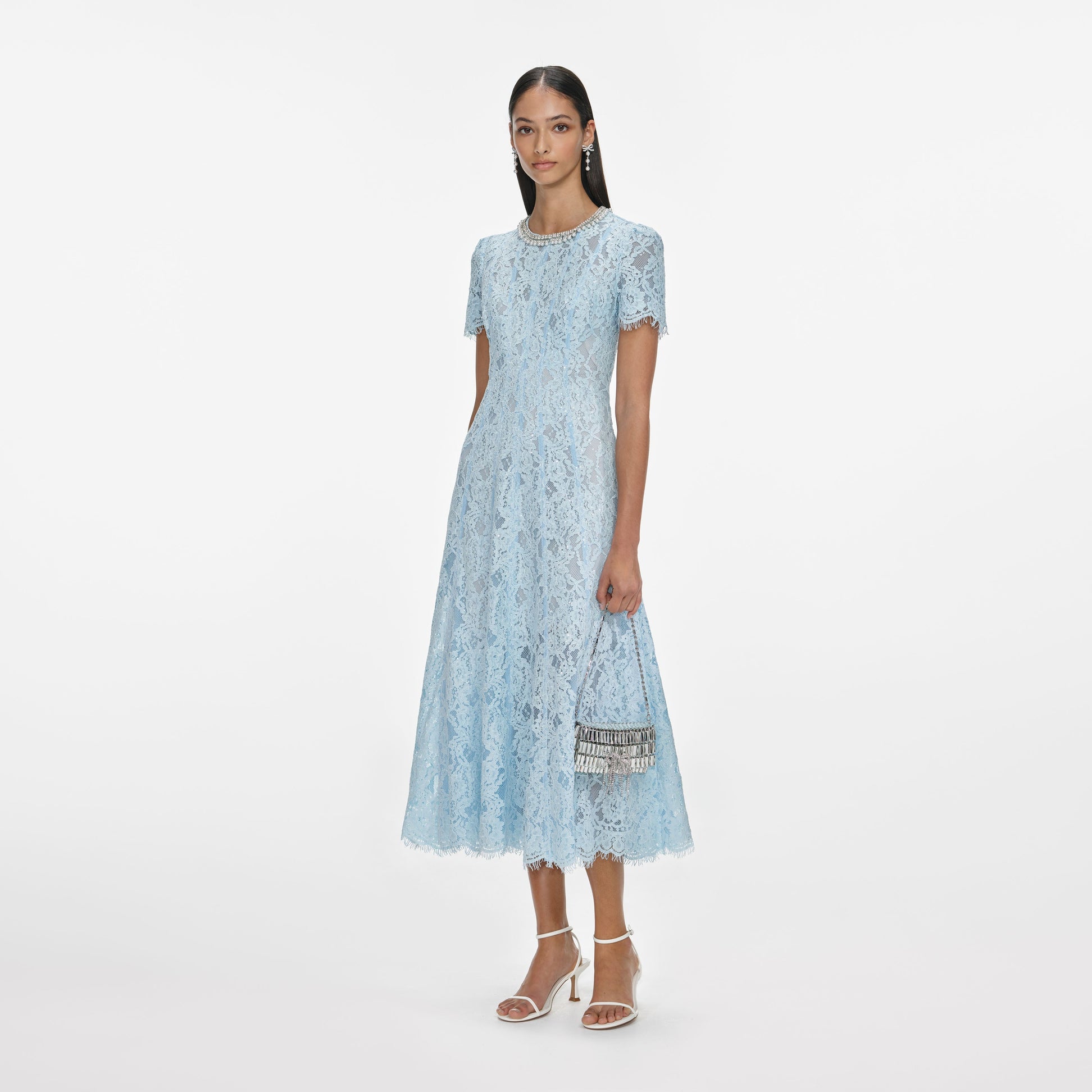 Light Blue Self Portrait Dress Self-Portrait Light Blue Chiffon Lace Trimmed Bow Detail Belted Light Blue Self Portrait Dress Self-Portrait Light Blue Chiffon Lace Trimmed Bow Detail Belted