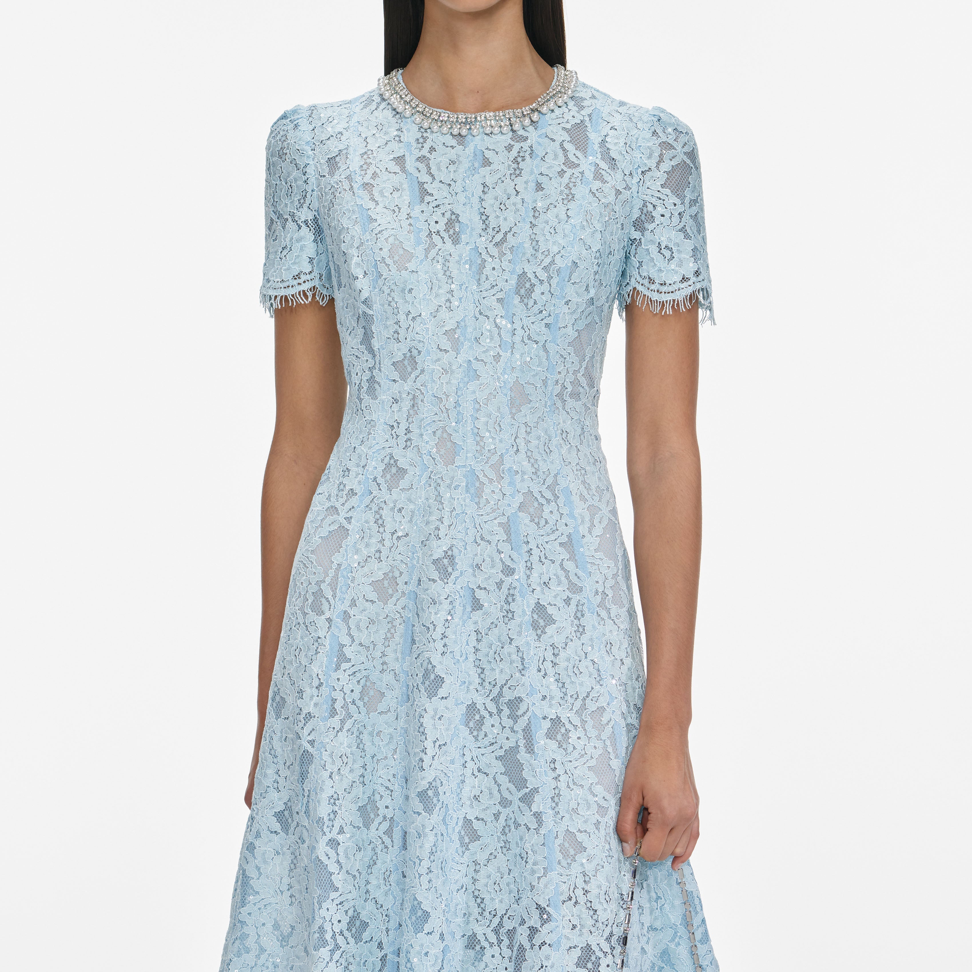 Blue Lace Embellished Midi Dress – self-portrait