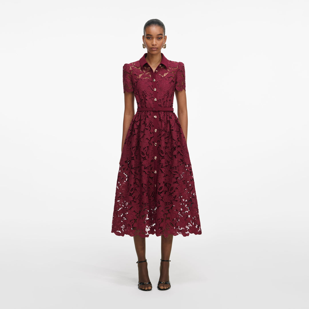 Burgundy Lace Collared Midi Dress – self-portrait