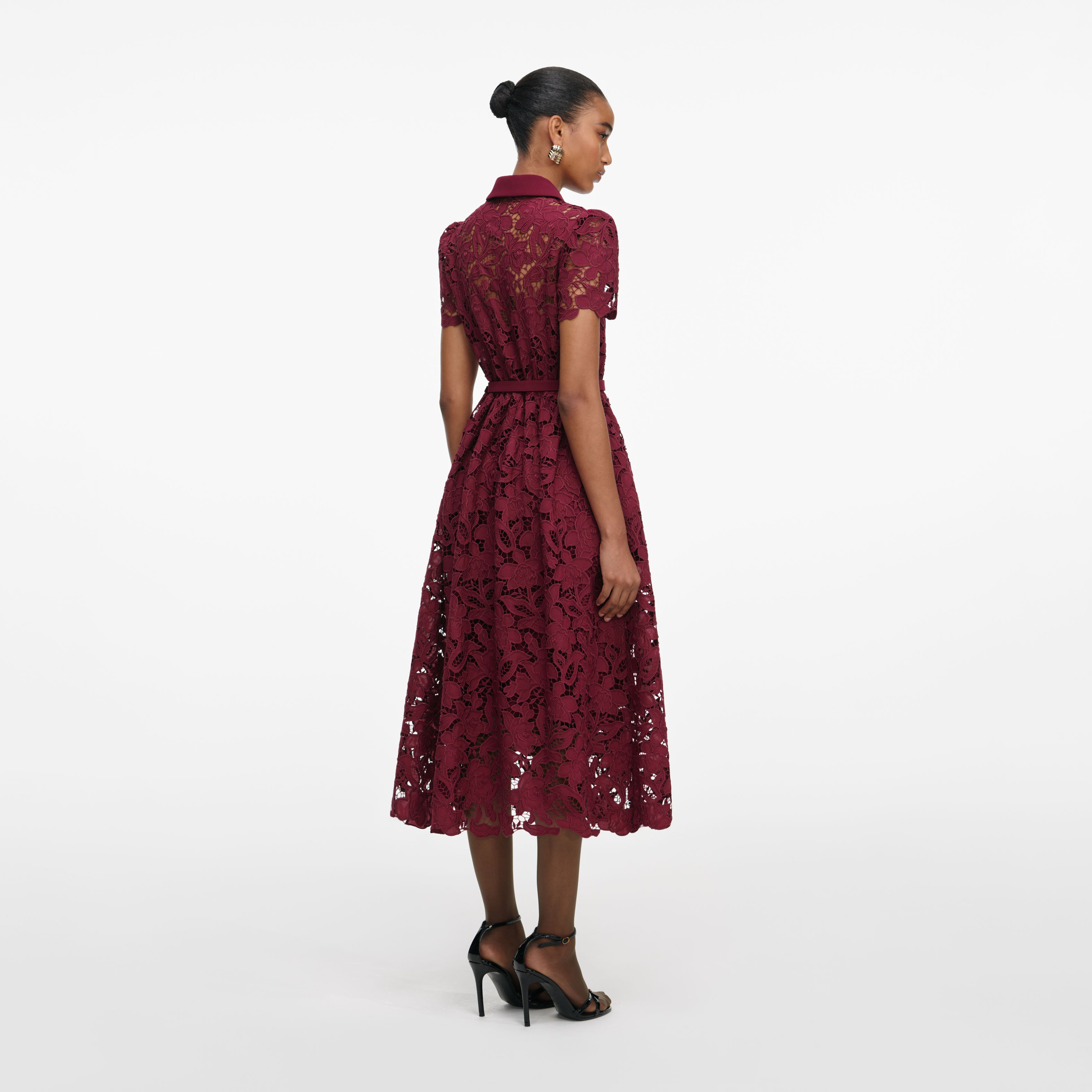 Burgundy Lace Collared Midi Dress
