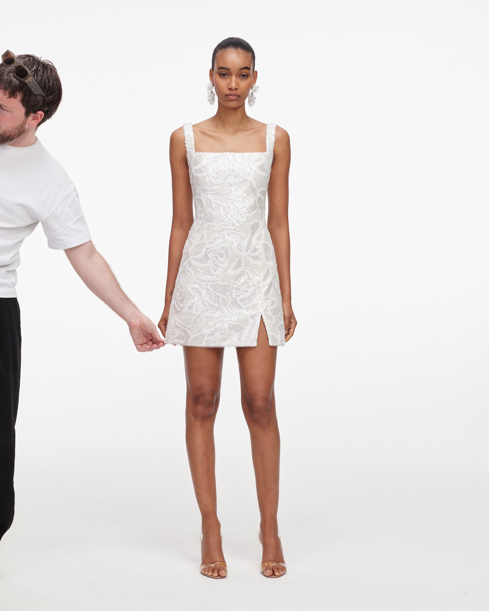 White Sequin Lace Mini Dress